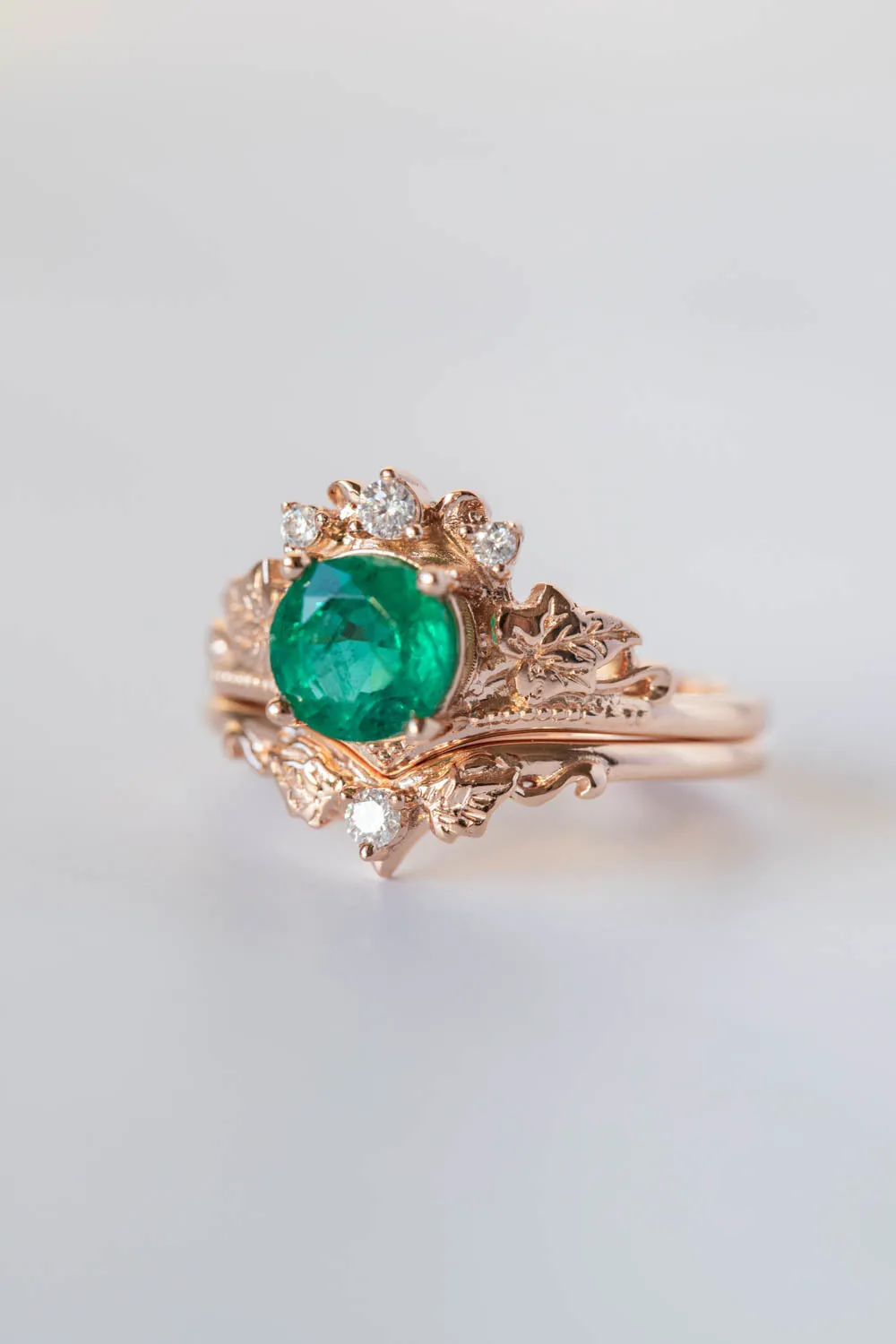 1 carat emerald engagement ring set, nature themed gold stacking rings with diamonds / Ariadne