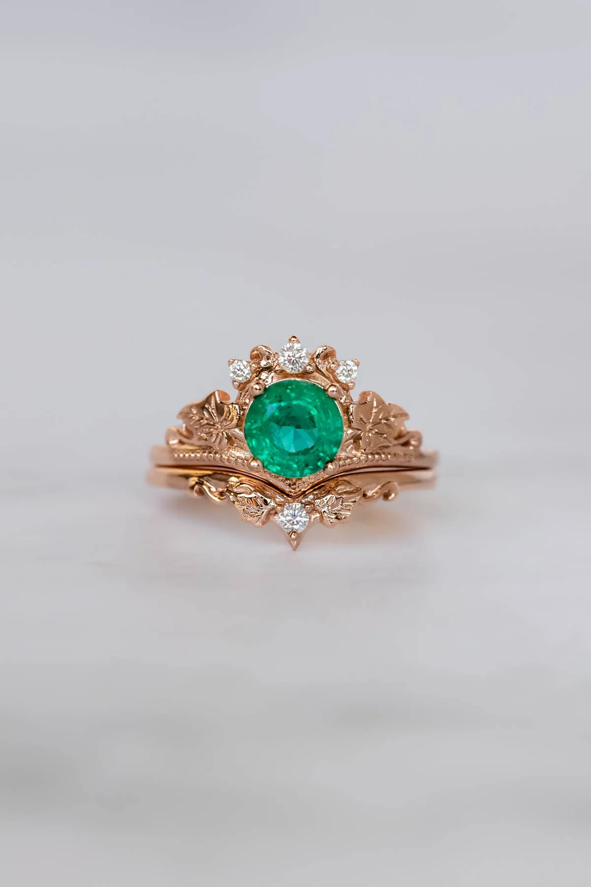 1 carat emerald engagement ring set, nature themed gold stacking rings with diamonds / Ariadne