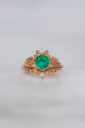 1 carat emerald engagement ring set, nature themed gold stacking rings with diamonds / Ariadne