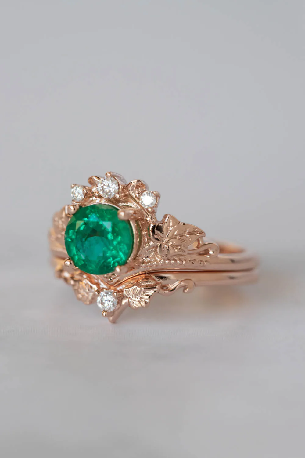 1 carat emerald engagement ring set, nature themed gold stacking rings with diamonds / Ariadne