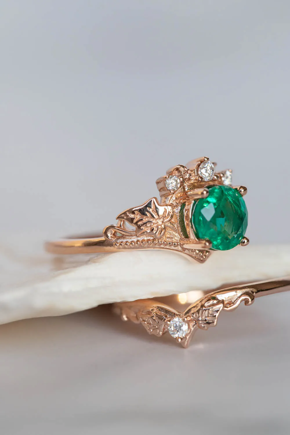 1 carat emerald engagement ring set, nature themed gold stacking rings with diamonds / Ariadne