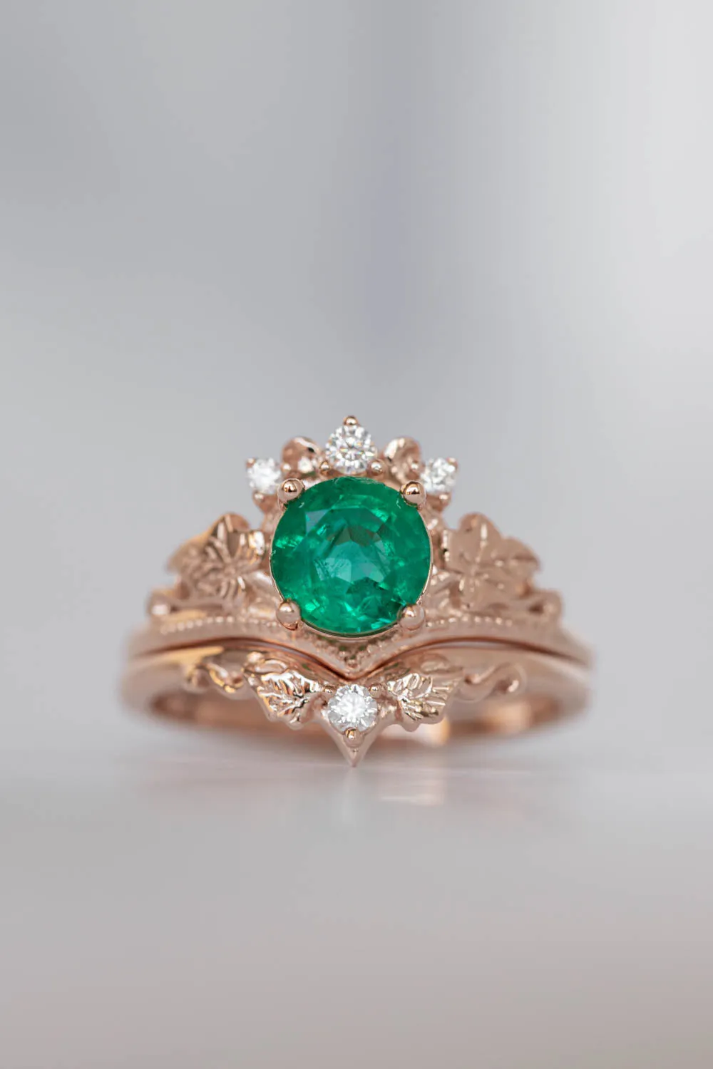 1 carat emerald engagement ring set, nature themed gold stacking rings with diamonds / Ariadne