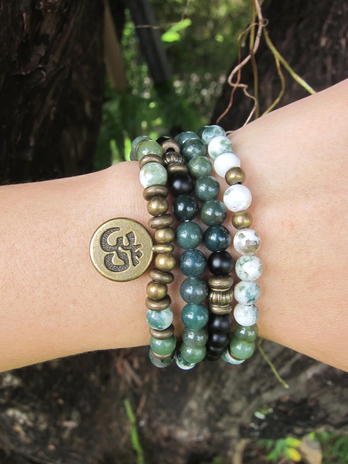 108 Bead in Black Onyx, Moss Agate, OM Mala Bracelet or Necklace