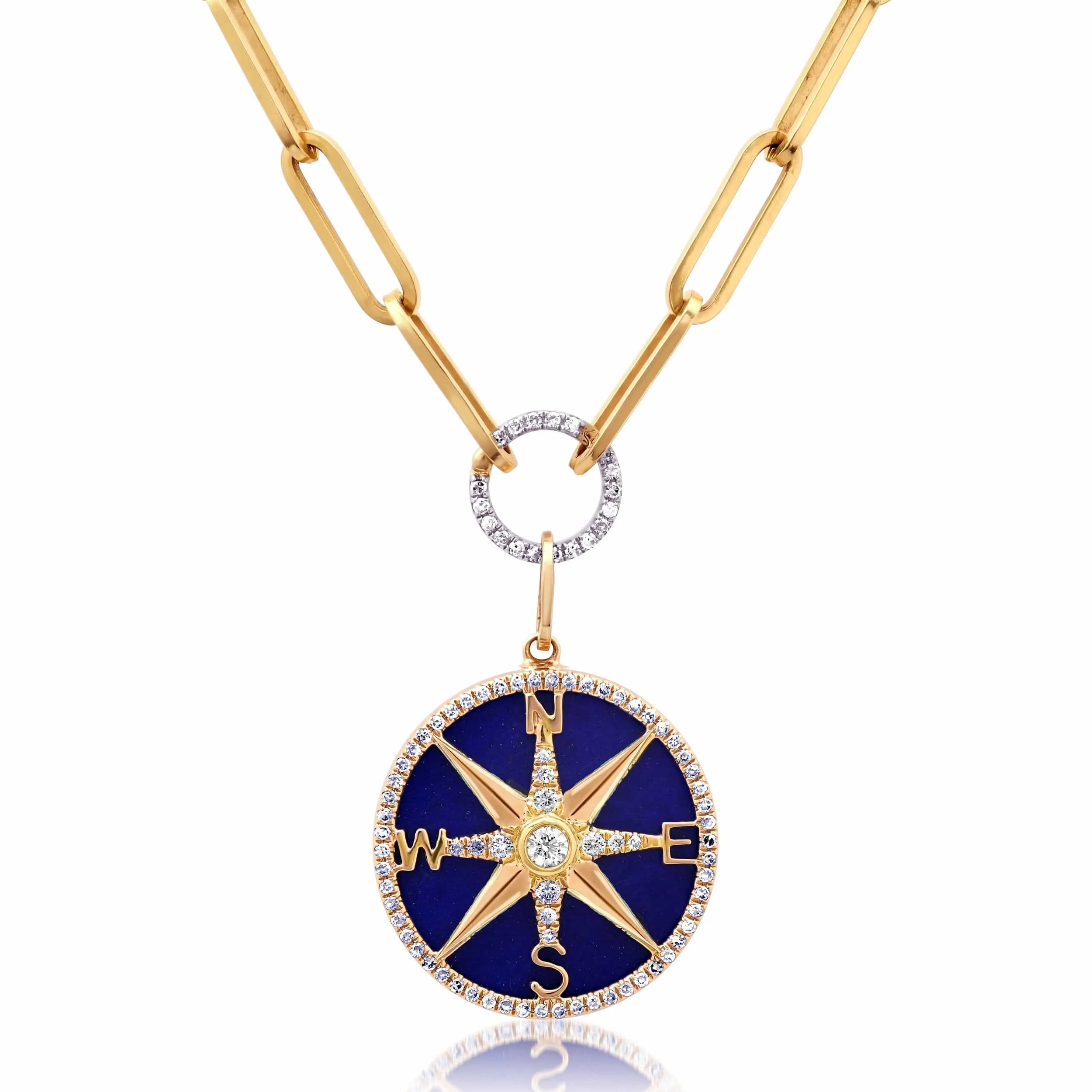 14K Gold Lapis and Pave Diamond Compass Charm, Medium