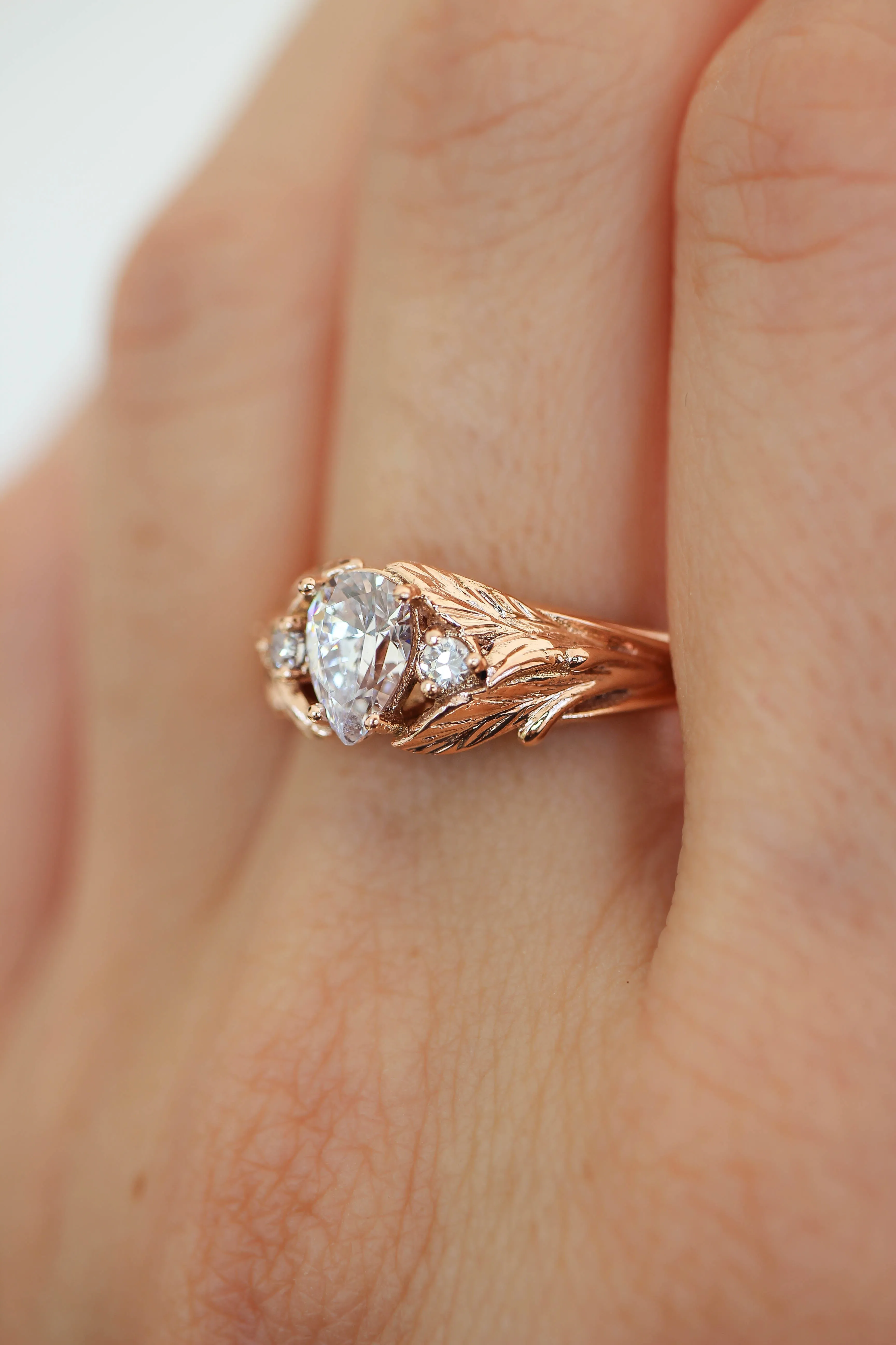 5 instalments payment plan: Pear cut moissanite engagement ring, leaf style band / Wisteria