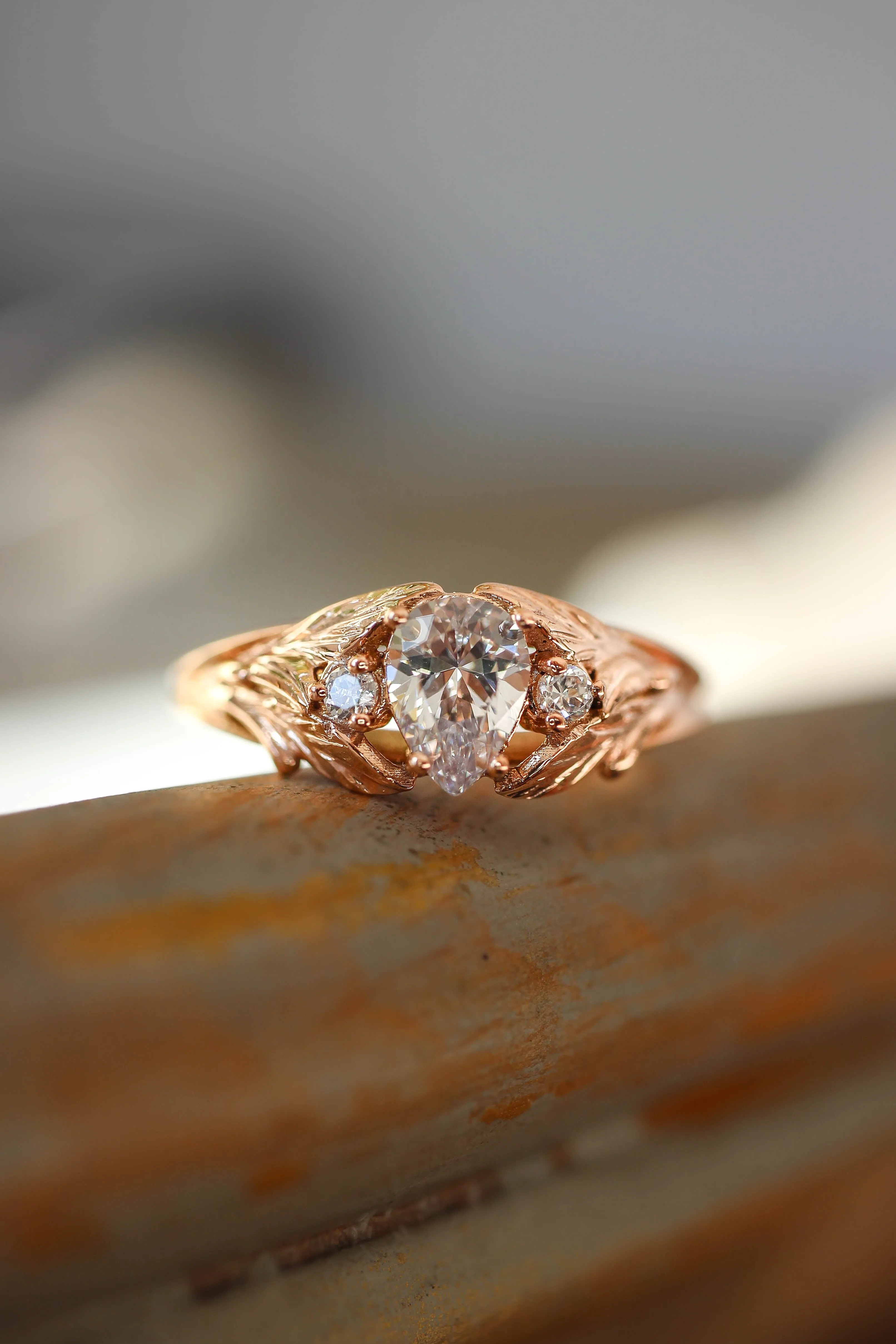 5 instalments payment plan: Pear cut moissanite engagement ring, leaf style band / Wisteria