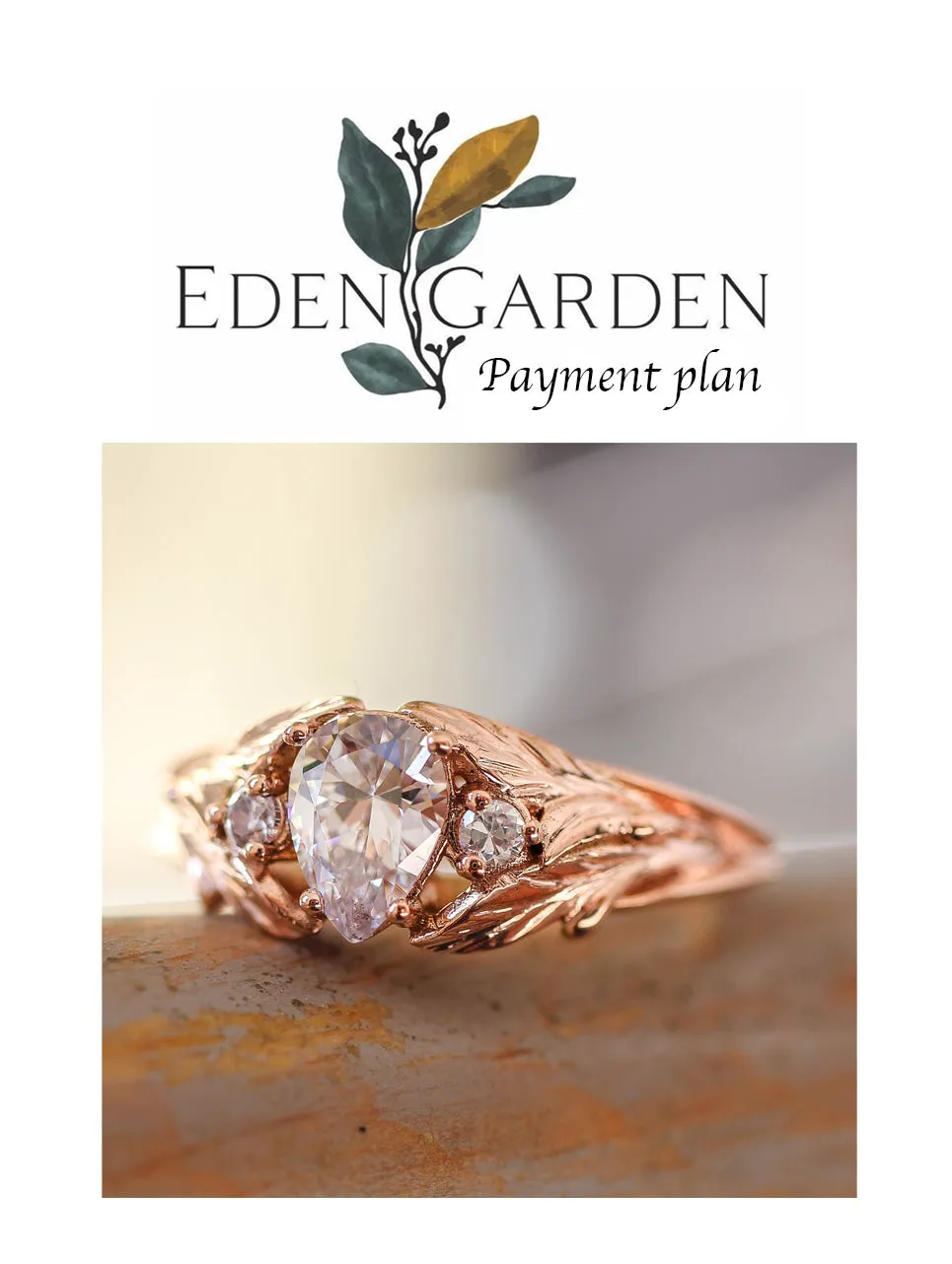 5 instalments payment plan: Pear cut moissanite engagement ring, leaf style band / Wisteria