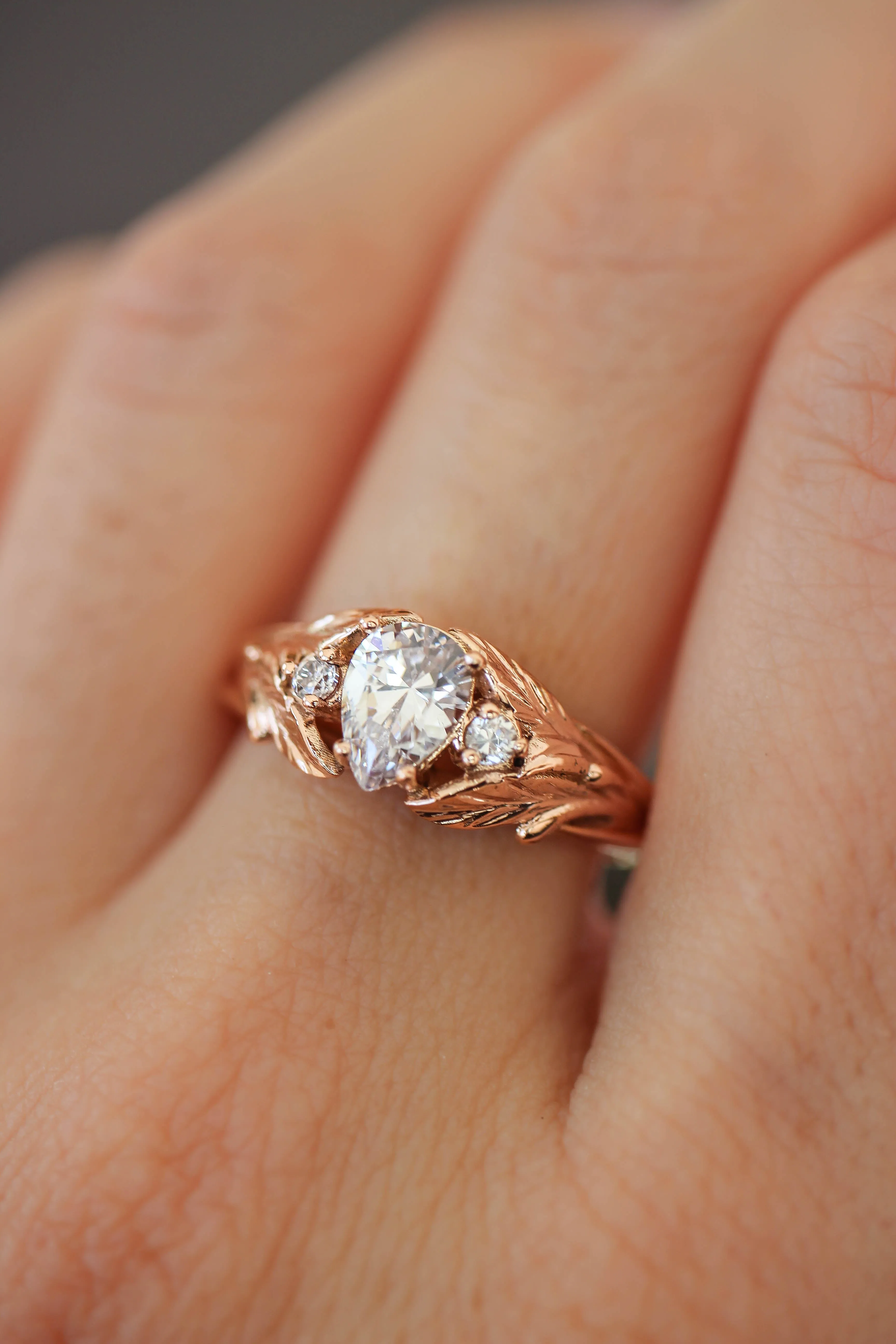 5 instalments payment plan: Pear cut moissanite engagement ring, leaf style band / Wisteria