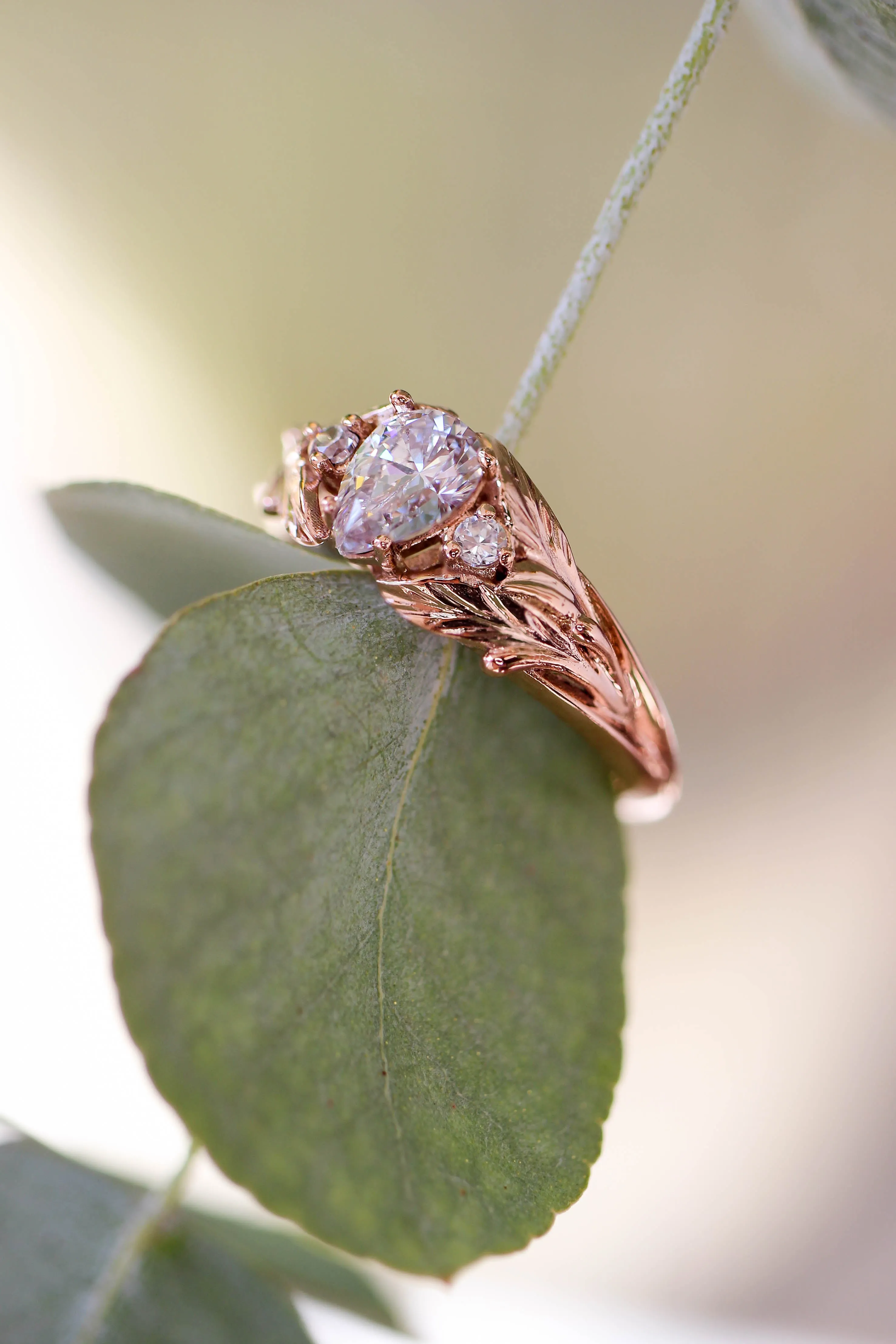 5 instalments payment plan: Pear cut moissanite engagement ring, leaf style band / Wisteria