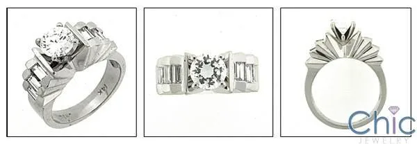 .75 Round CZ Center  Baguette Channel Cubic Zirconia Engagement Ring 14K White Gold