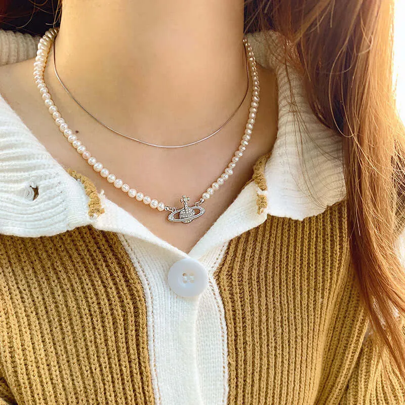 Elegant 925 Sterling Silver Saturn Necklace with Genuine Pearl