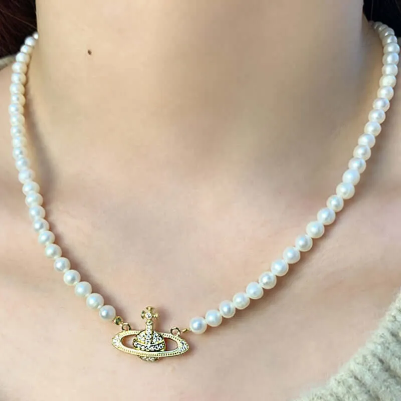 Elegant 925 Sterling Silver Saturn Necklace with Genuine Pearl