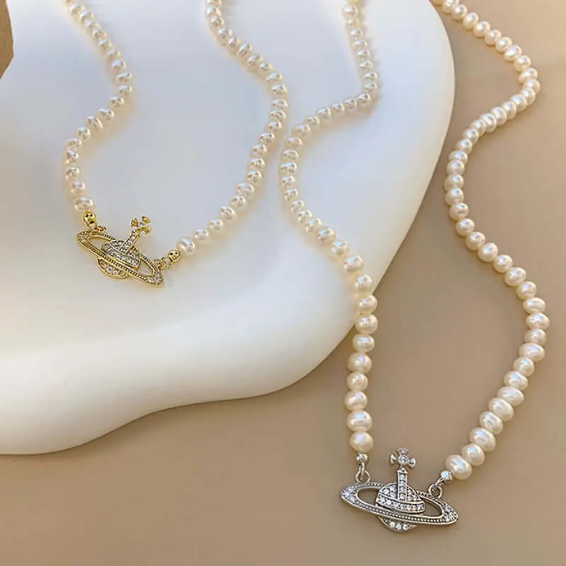 Elegant 925 Sterling Silver Saturn Necklace with Genuine Pearl