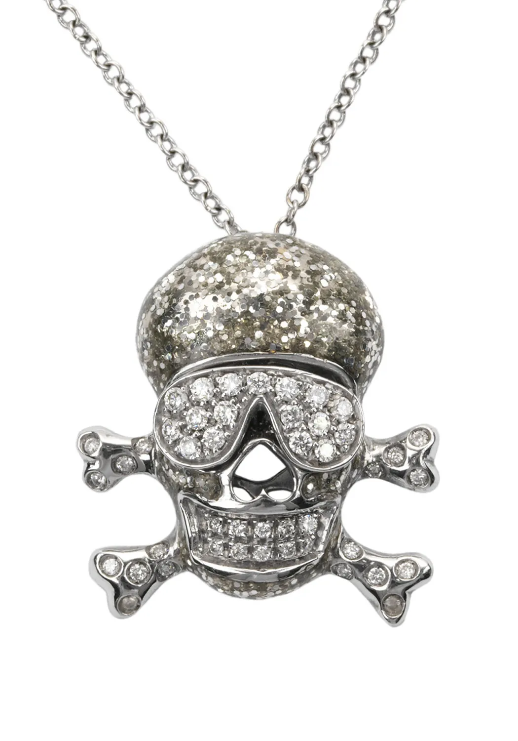 Adolfo Courrier 18KWG Diamond Skull & Crossbones Pendant Necklace