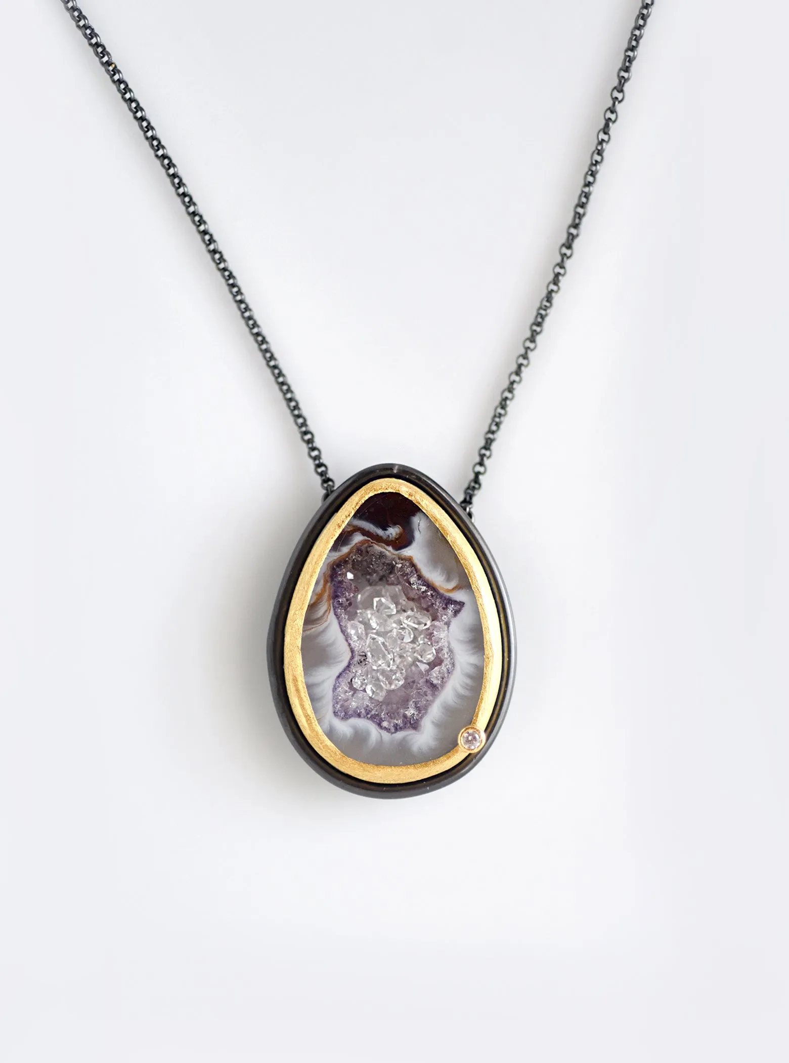 Agate Geode Necklace With Floating Herkimer Diamond