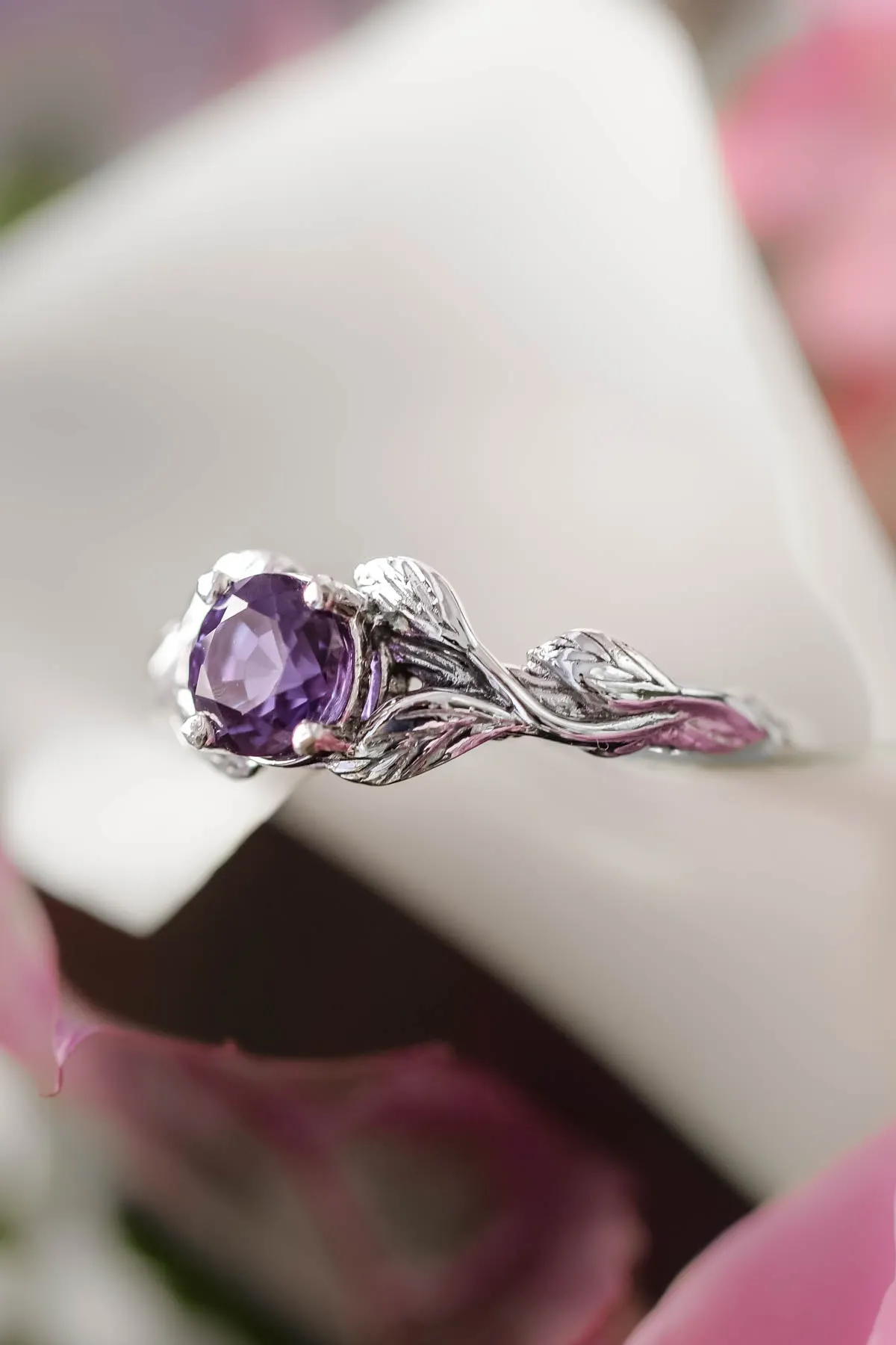 Alexandrite gold leaf engagement ring / Clematis