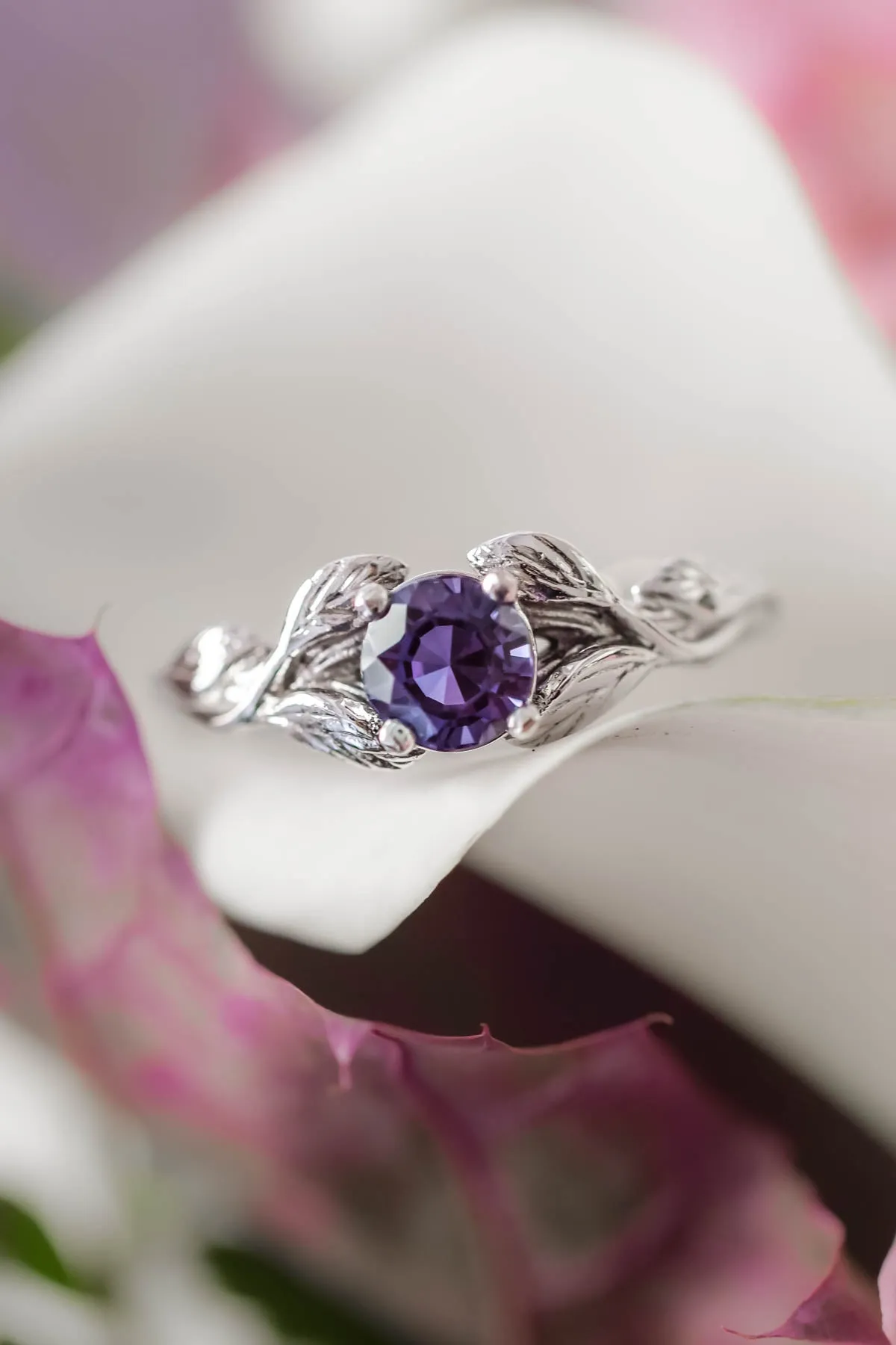 Alexandrite gold leaf engagement ring / Clematis