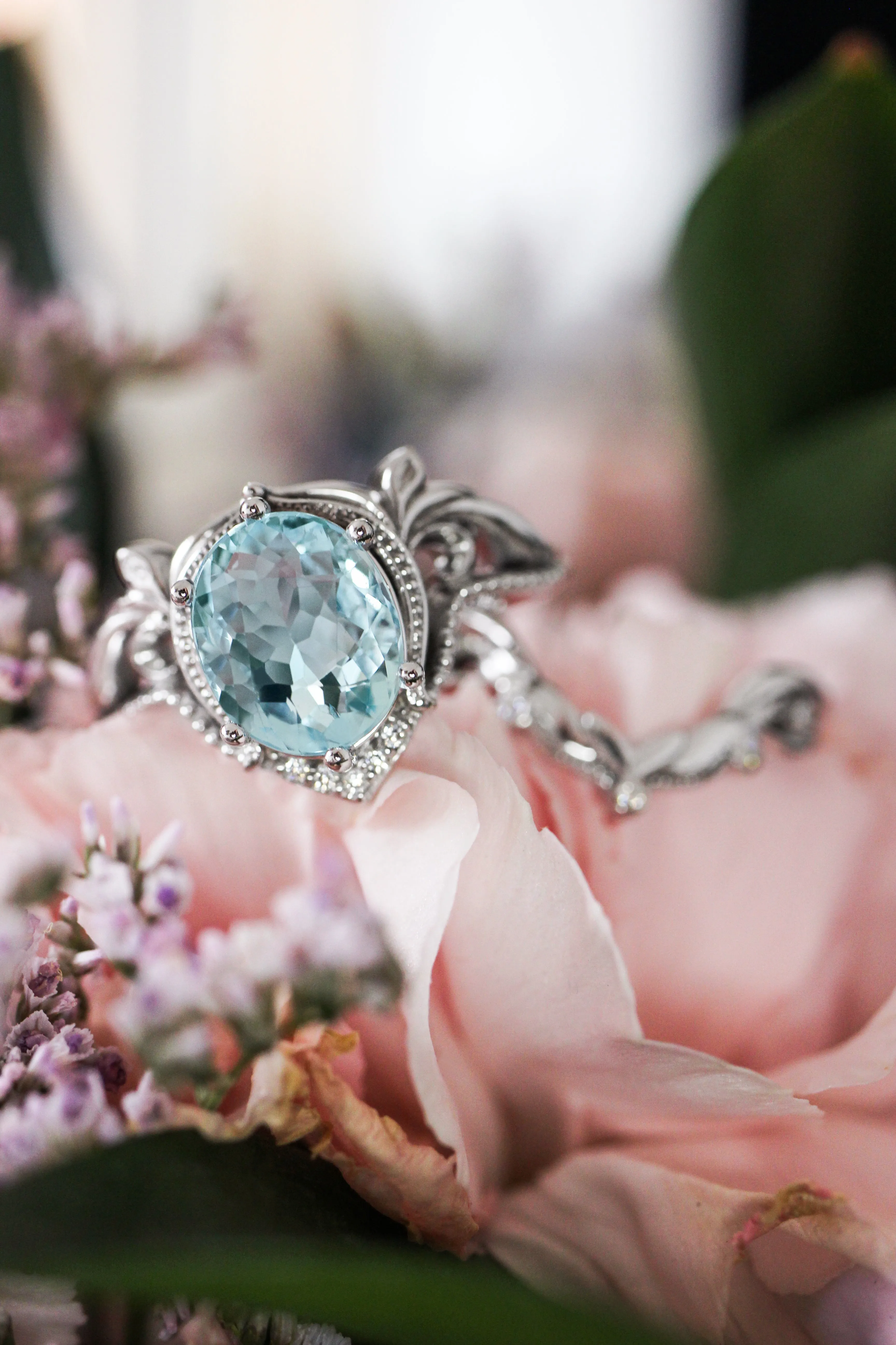 Art nouveau bridal ring set with aquamarine / Lida oval