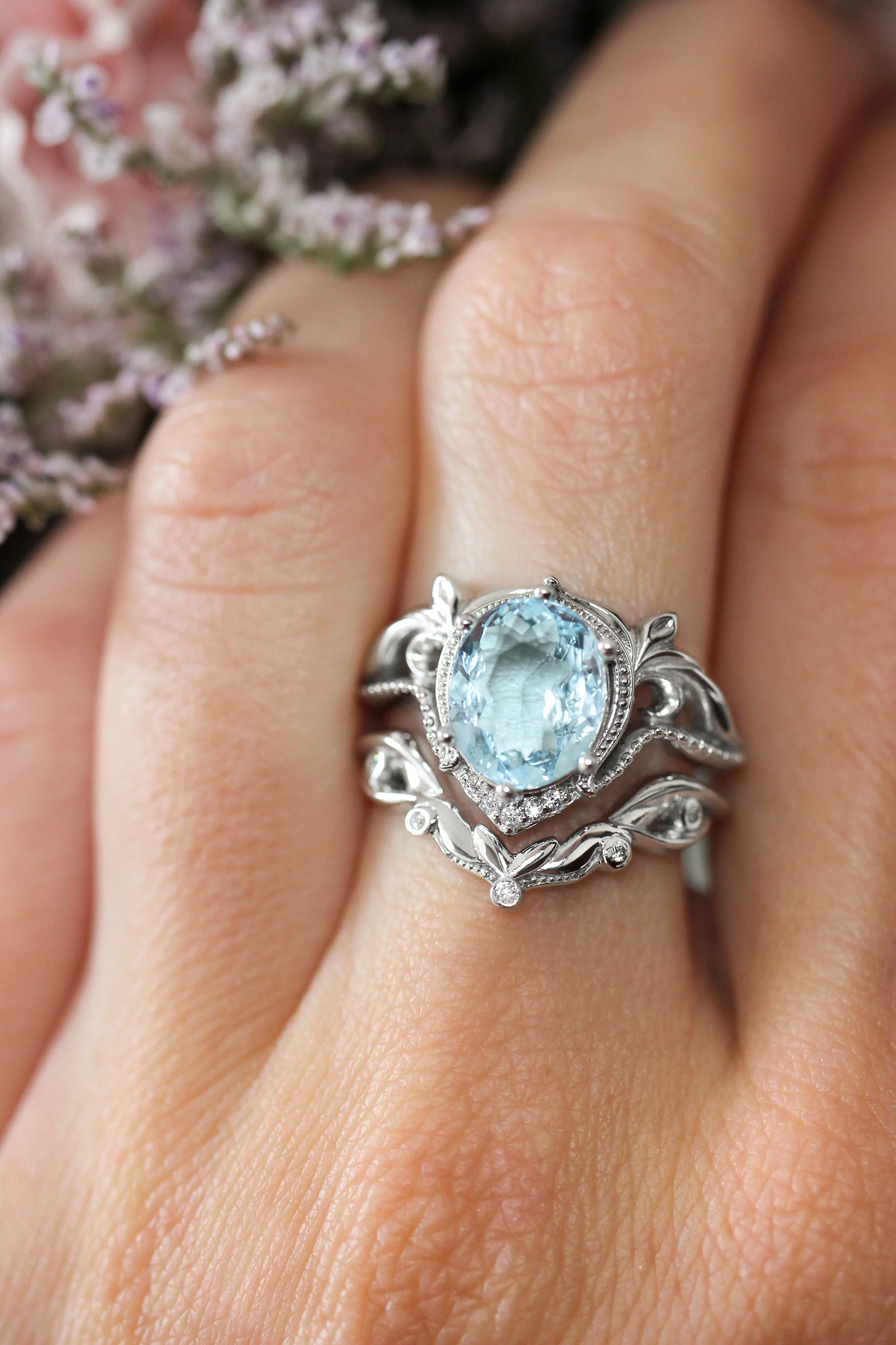 Art nouveau bridal ring set with aquamarine / Lida oval