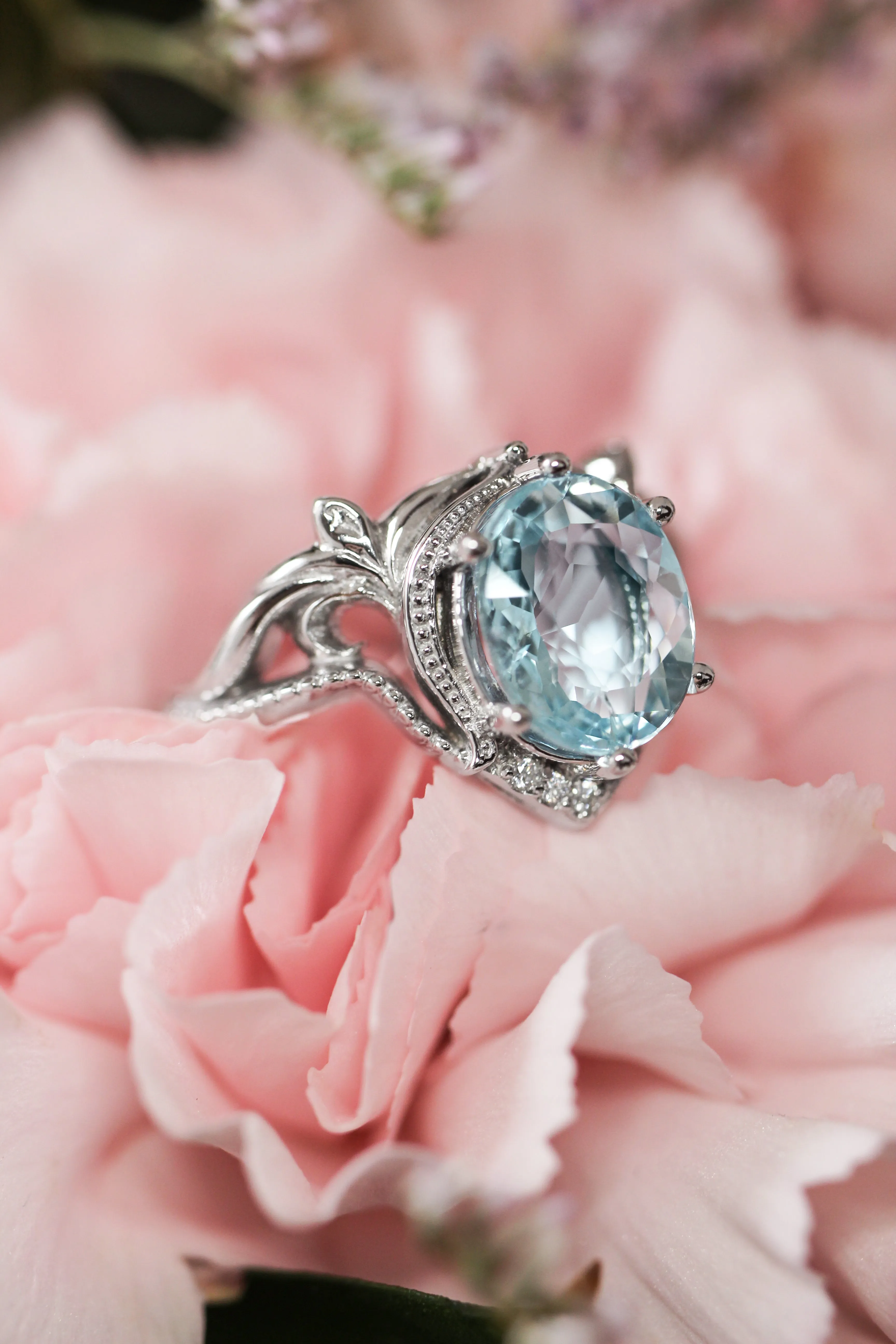 Art nouveau bridal ring set with aquamarine / Lida oval