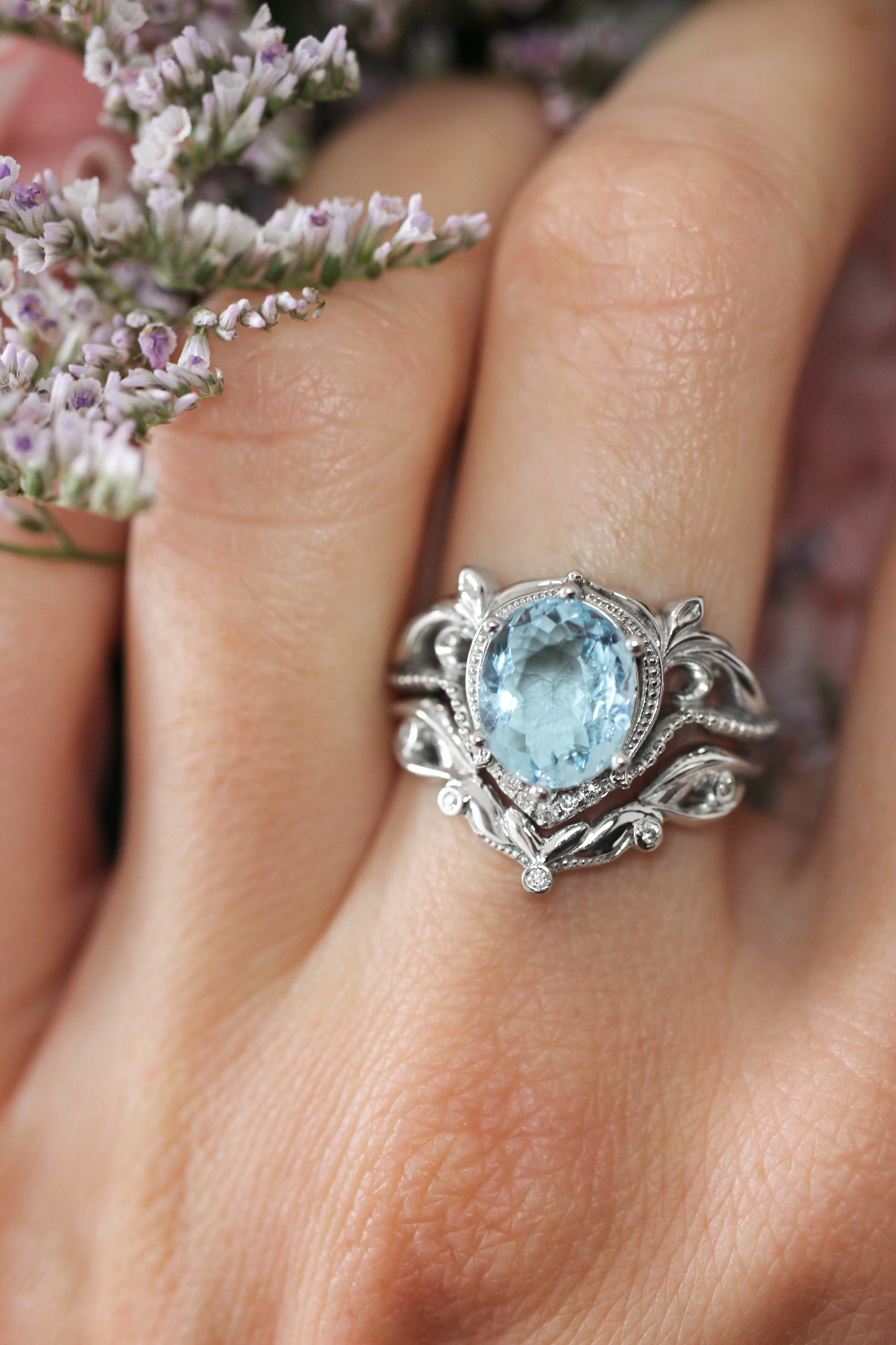 Art nouveau bridal ring set with aquamarine / Lida oval