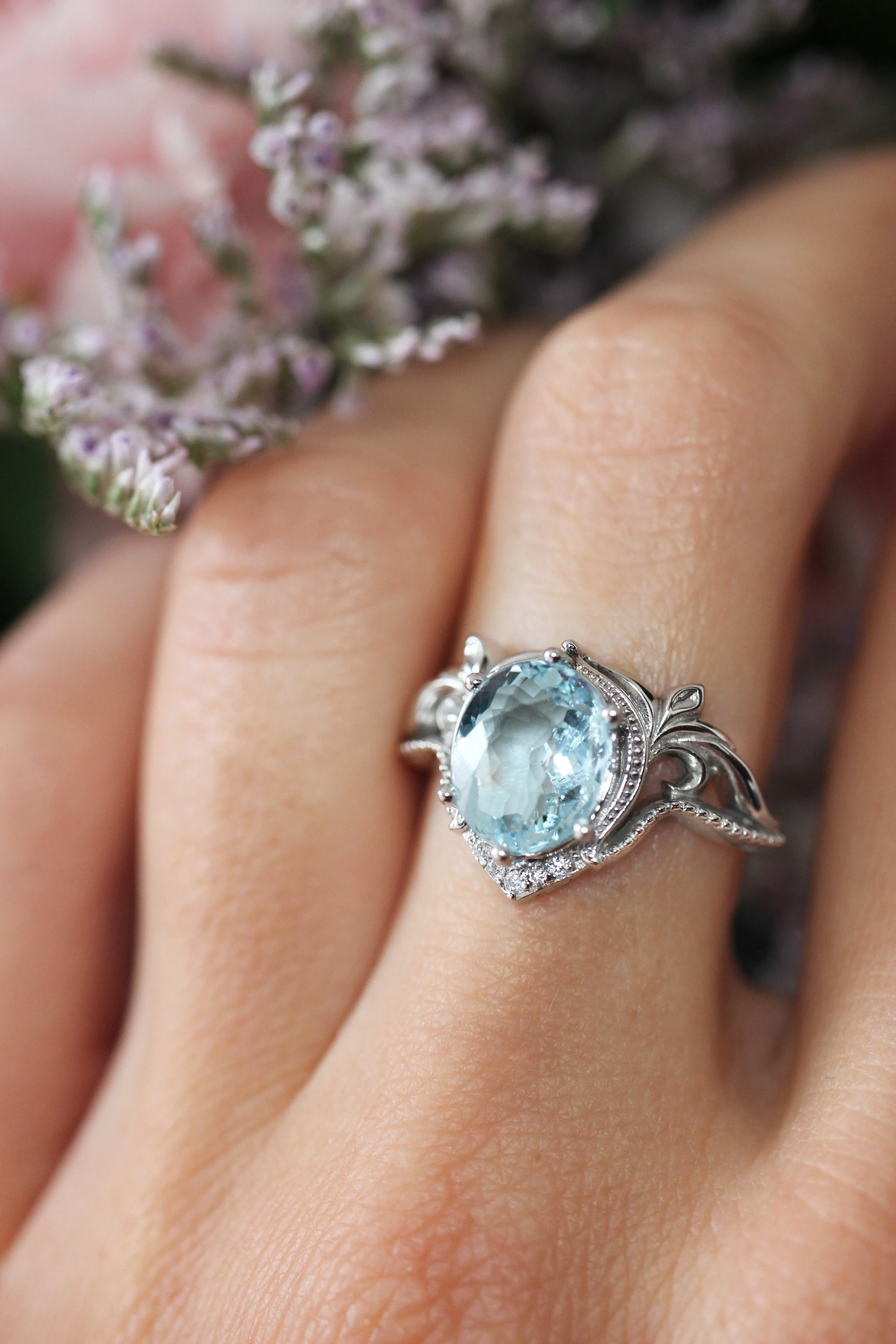 Art nouveau bridal ring set with aquamarine / Lida oval