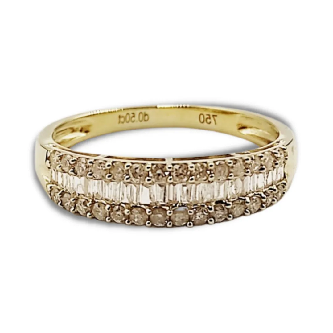 Baguette with Round Sides Half Eternity Diamond Ring, Wedding Band for Women 18K Yellow Gold