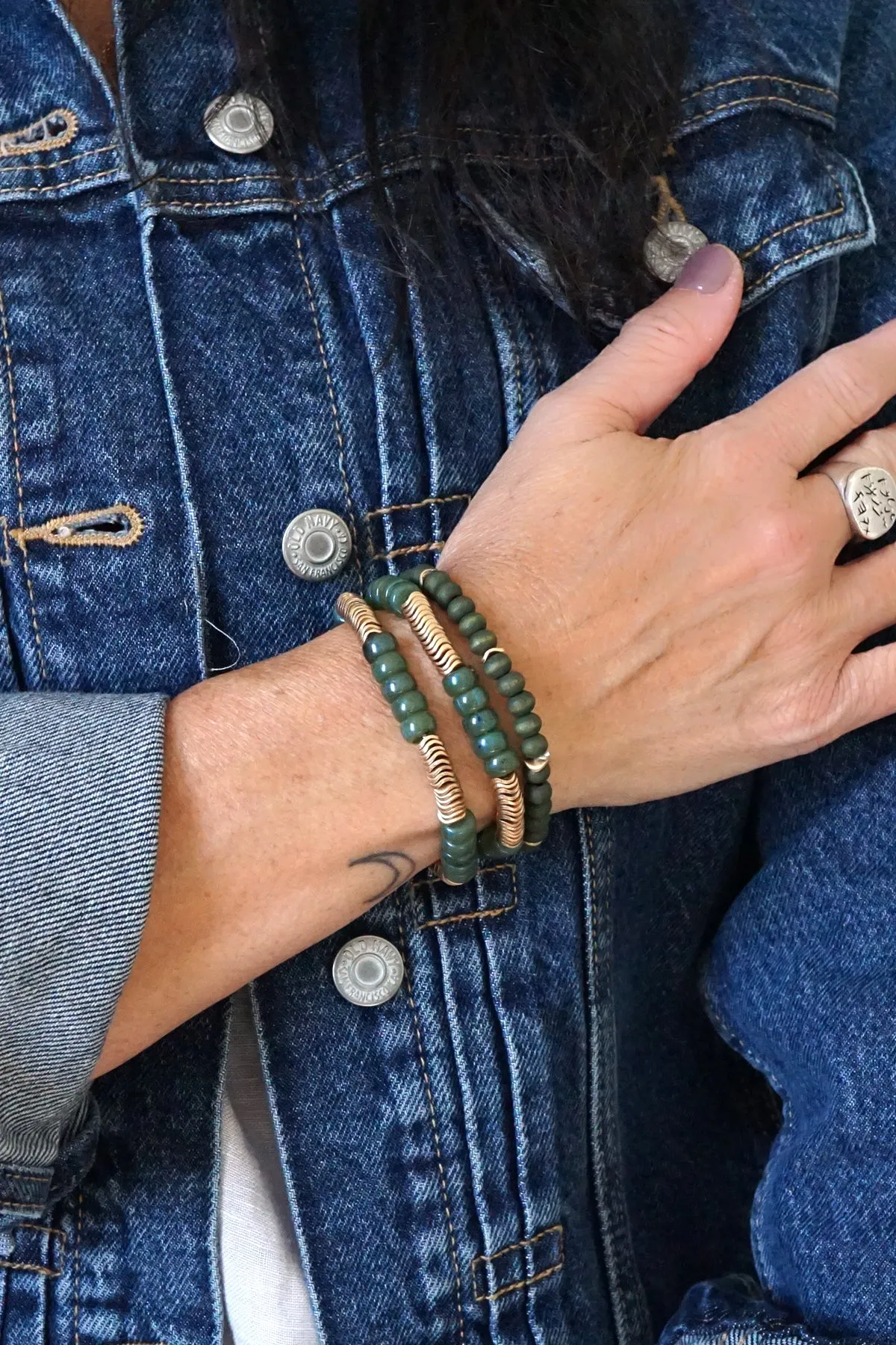 Beaded bracelets set in Olive Green and Gold