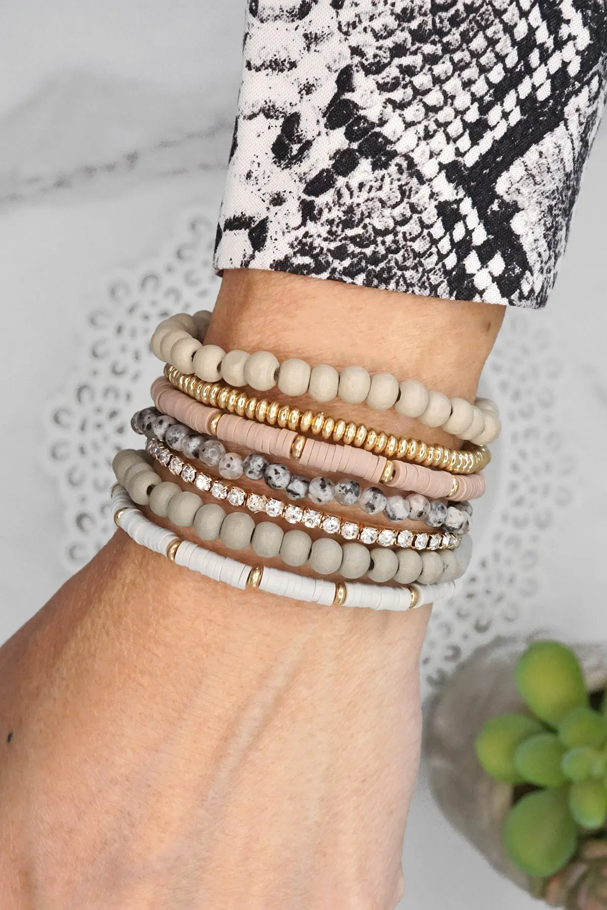 Beaded Bracelets stack of 7 in Grey tones