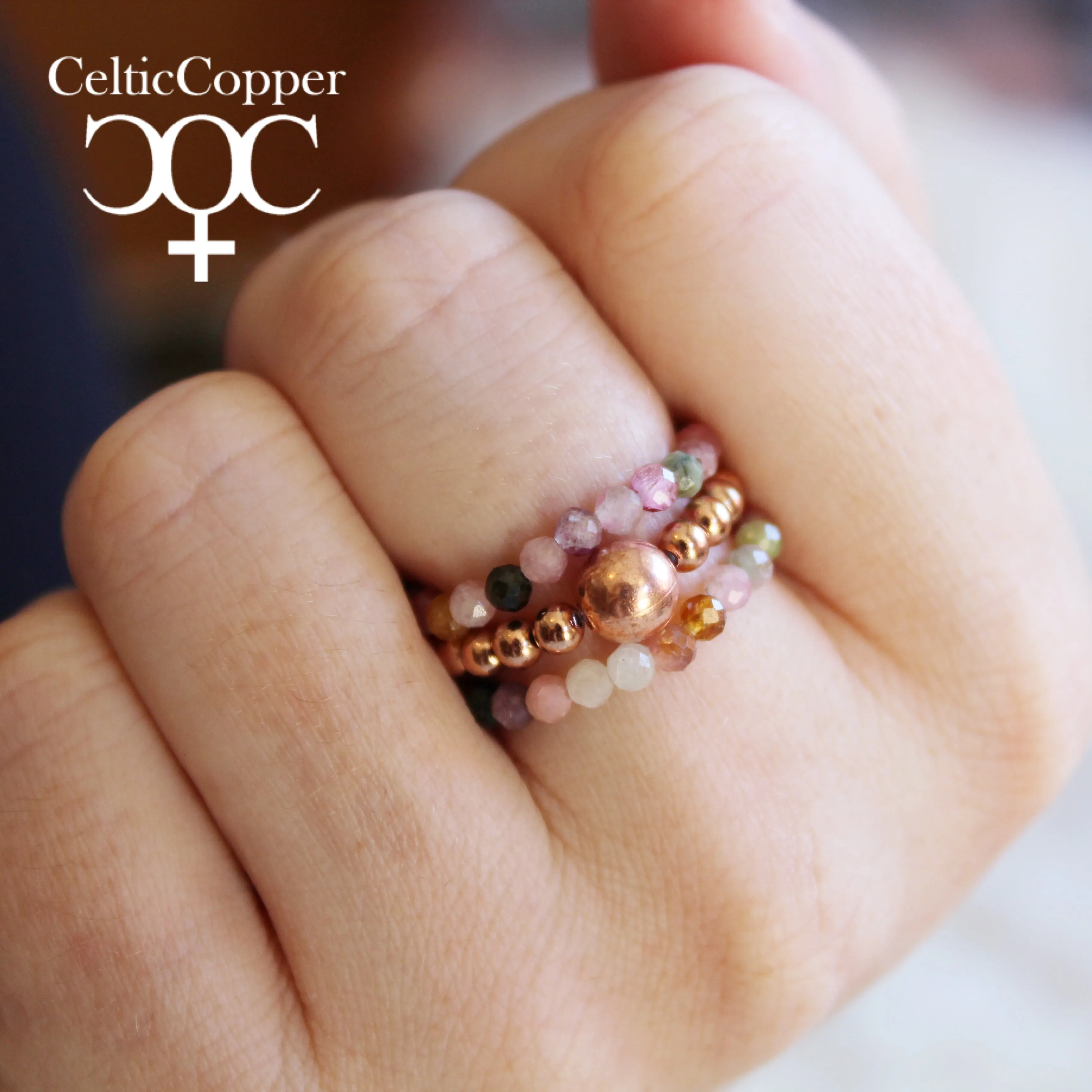 Beaded Copper Ring Set Pure Healing Copper Multi Colored Tourmaline 3 Piece Beaded Elastic Ring Set