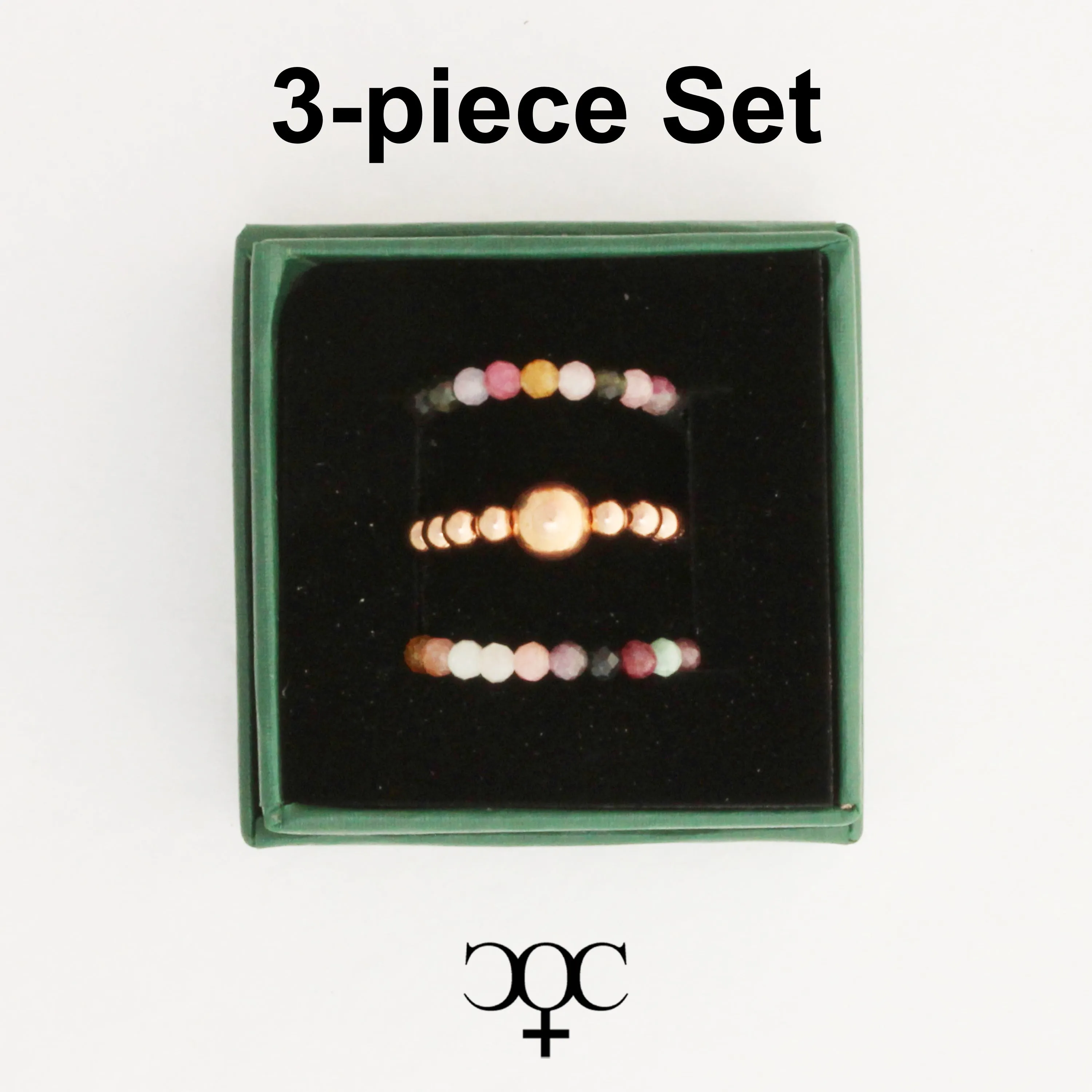 Beaded Copper Ring Set Pure Healing Copper Multi Colored Tourmaline 3 Piece Beaded Elastic Ring Set