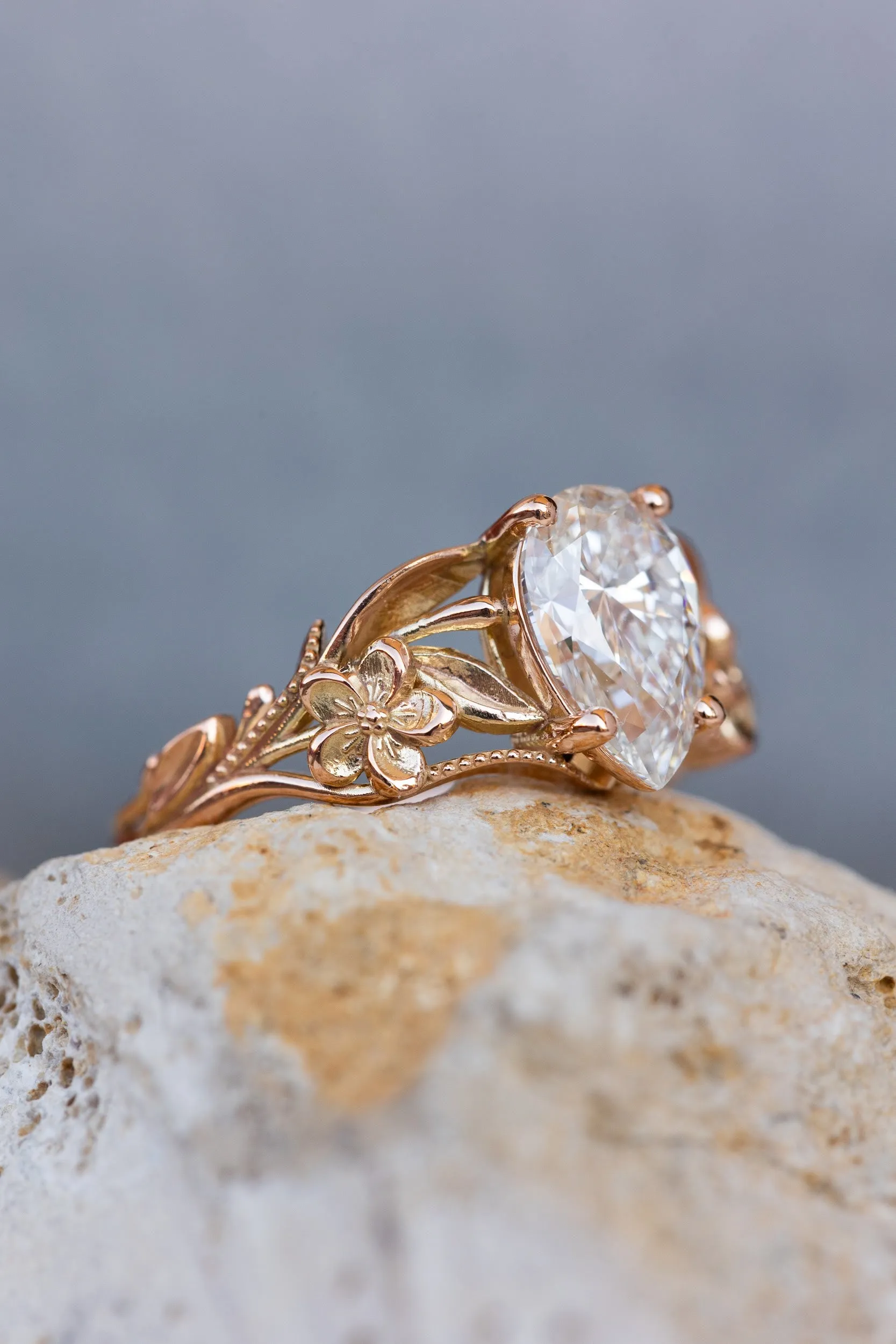 Big lab grown diamond engagement ring, rose gold flower promise ring / Eloise