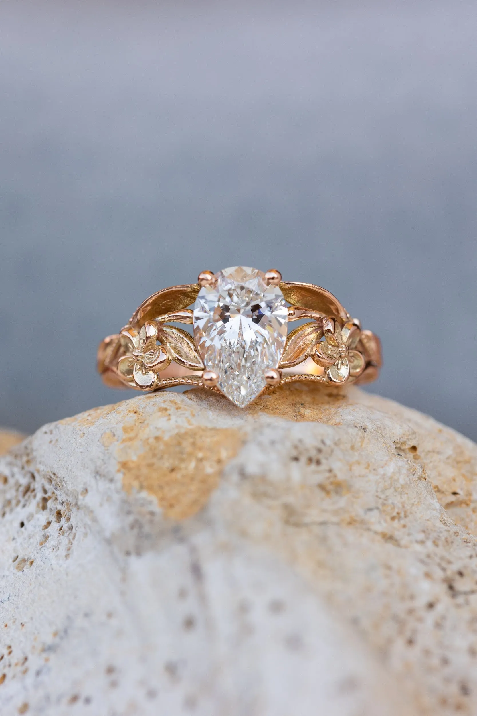 Big lab grown diamond engagement ring, rose gold flower promise ring / Eloise