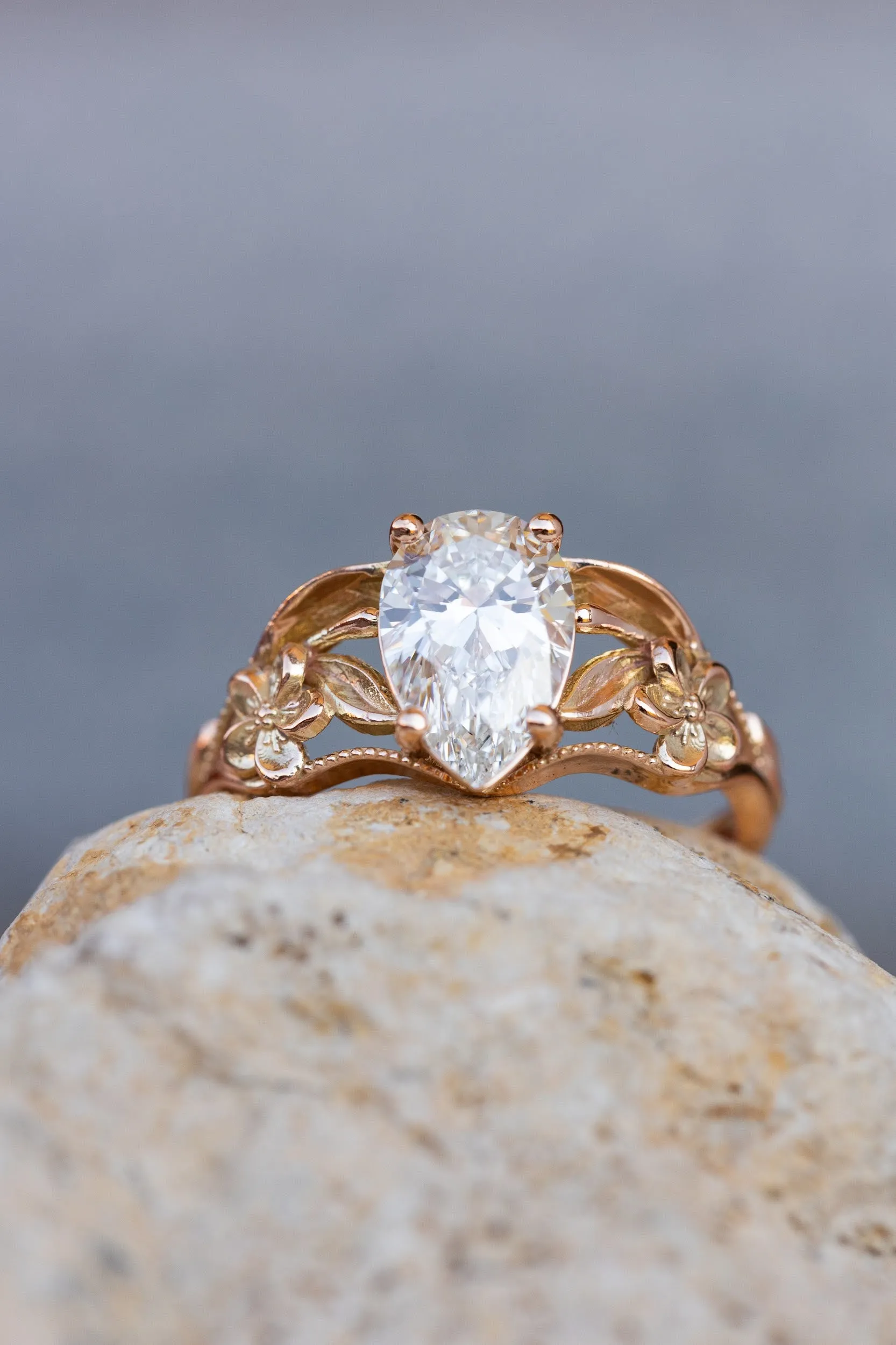 Big lab grown diamond engagement ring, rose gold flower promise ring / Eloise