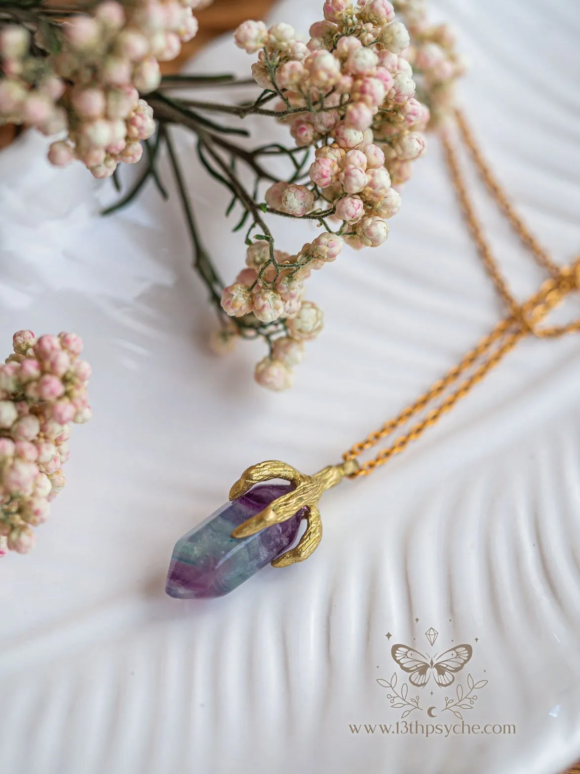 Bird claw and fluorite pendant necklace