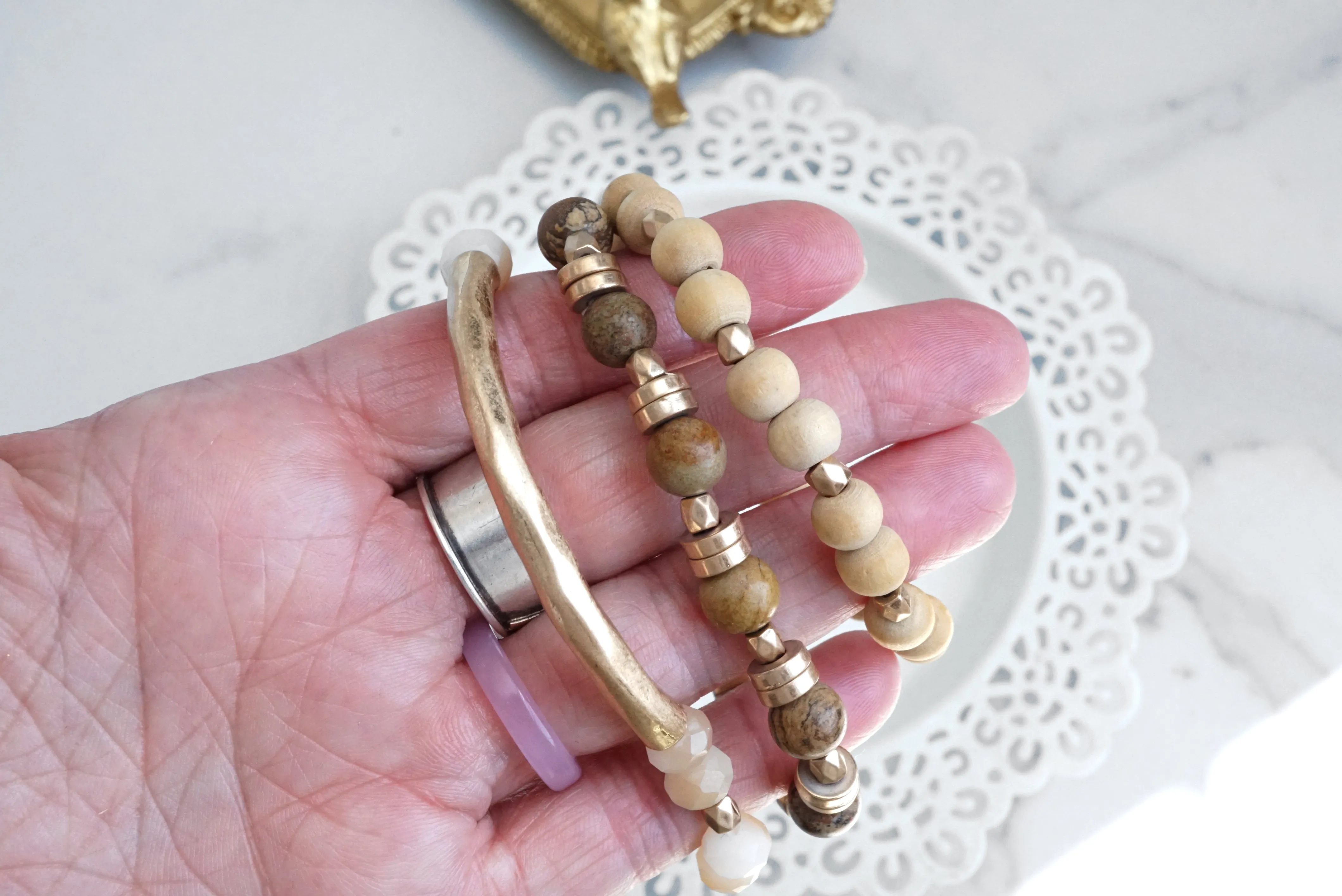 Boho Bracelets Stack of 3 piece Beaded bracelets Semi Precious stones in neutral brown and gold, Stacking bracelets