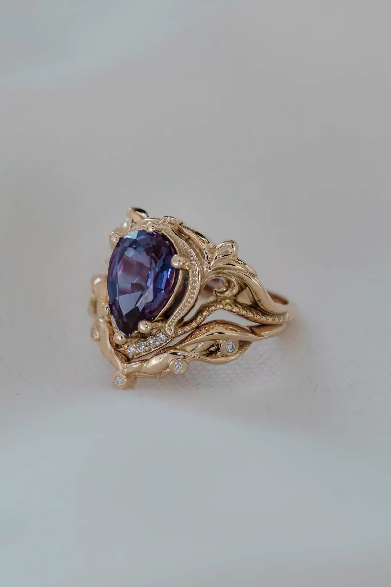 Bridal ring set with big pear cut lab alexandrite / Lida