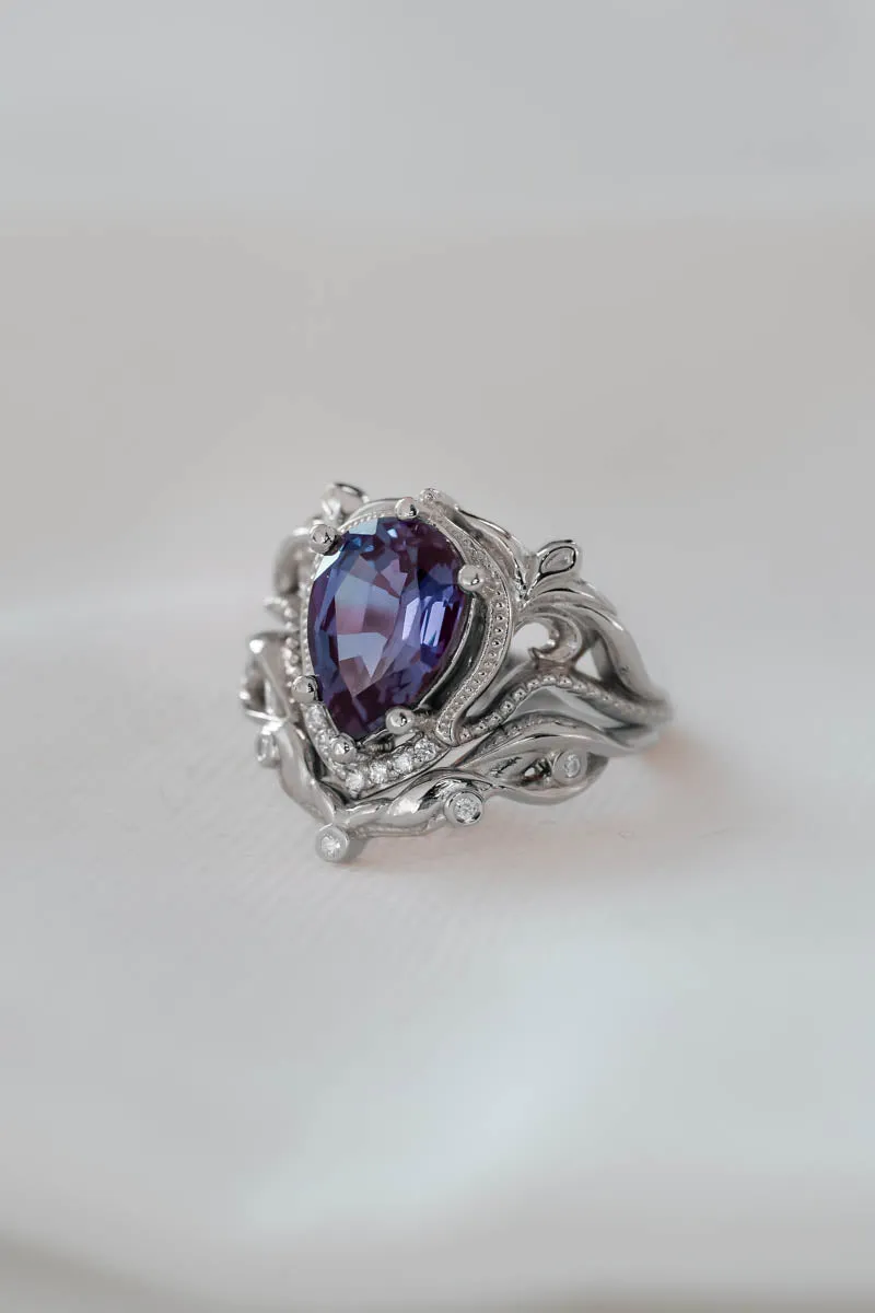 Bridal ring set with big pear cut lab alexandrite / Lida