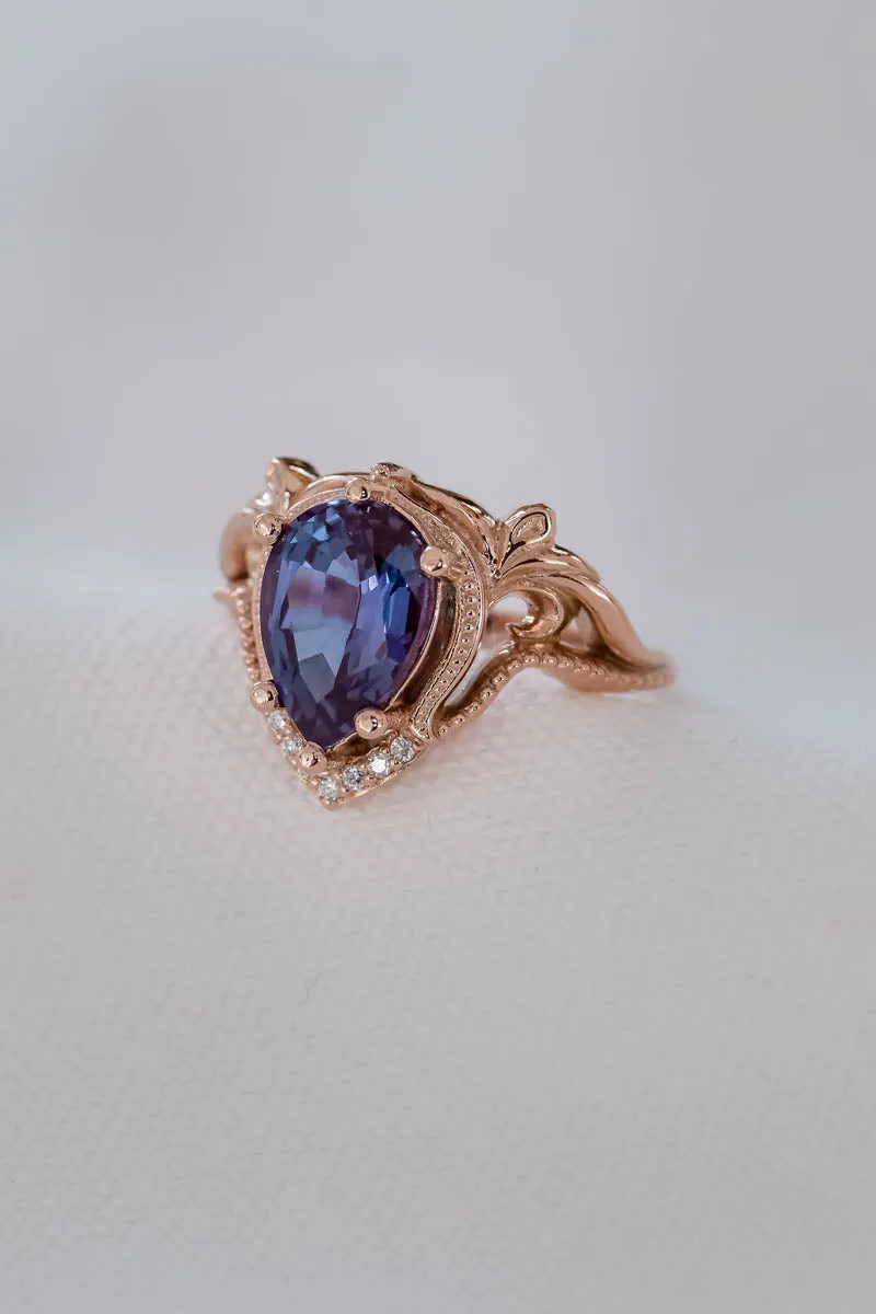 Bridal ring set with big pear cut lab alexandrite / Lida