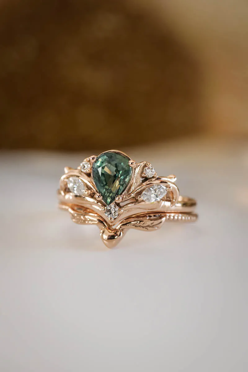 Bridal ring set with pear cut green sapphire / Swanlake