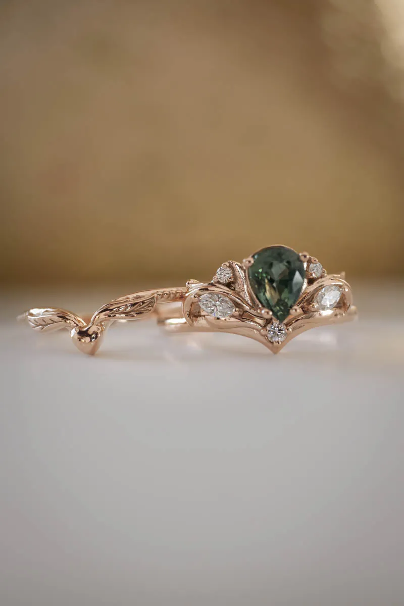 Bridal ring set with pear cut green sapphire / Swanlake