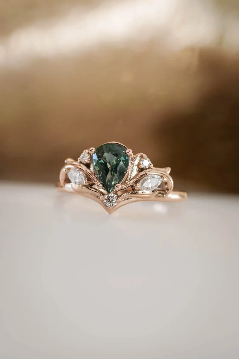 Bridal ring set with pear cut green sapphire / Swanlake