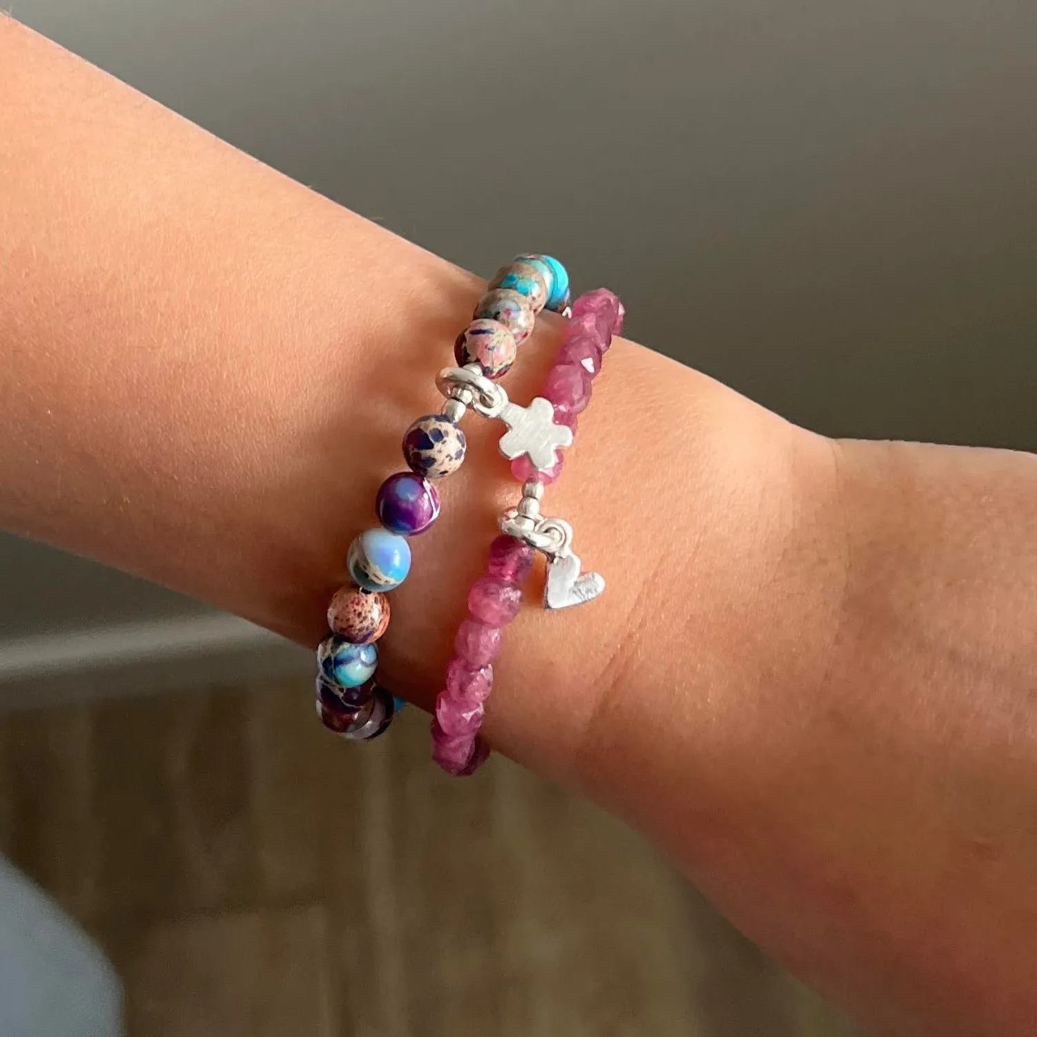 CHILD Bracelets: Pink Tourmaline & Fine Silver Heart Stretch Bracelet