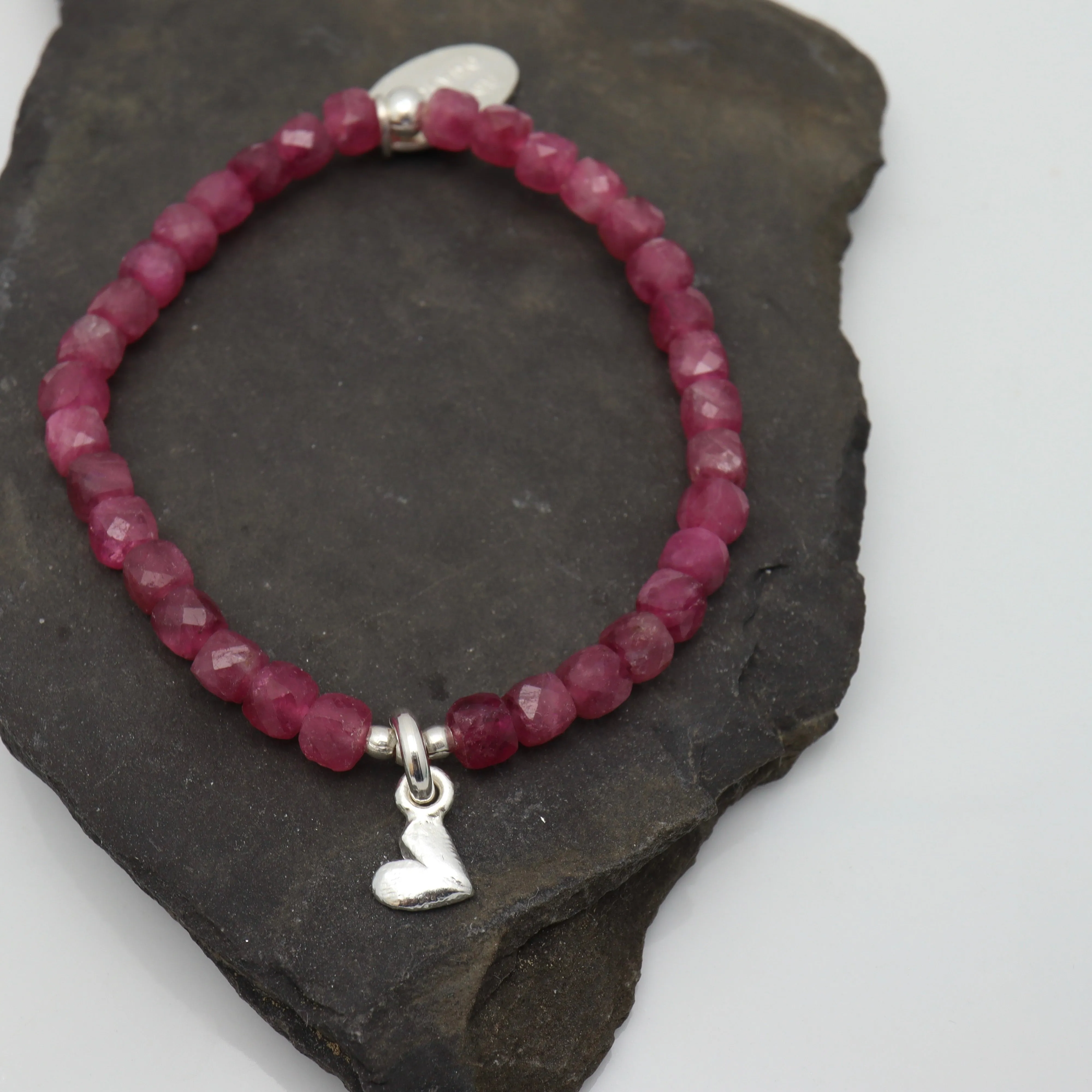 CHILD Bracelets: Pink Tourmaline & Fine Silver Heart Stretch Bracelet