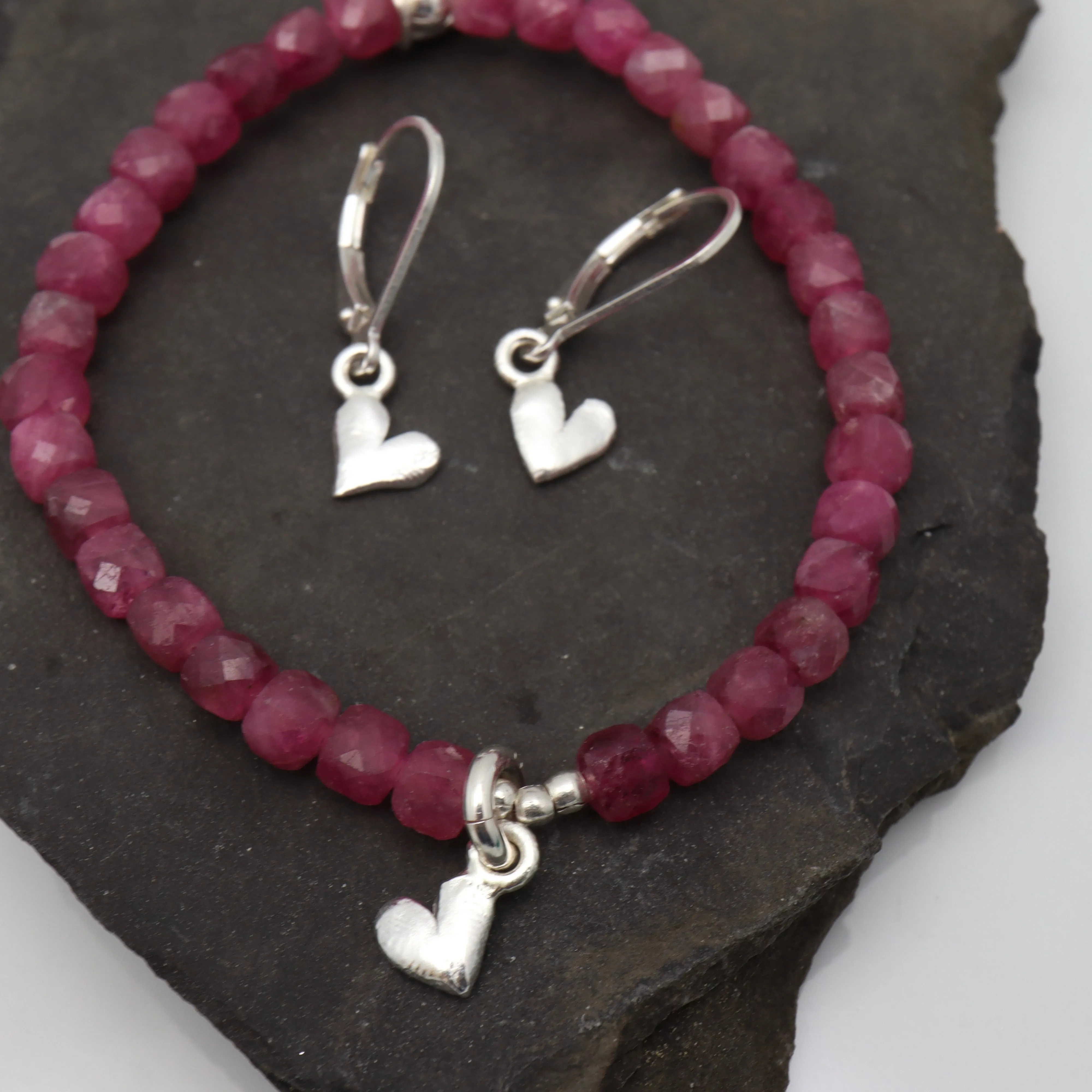 CHILD Bracelets: Pink Tourmaline & Fine Silver Heart Stretch Bracelet