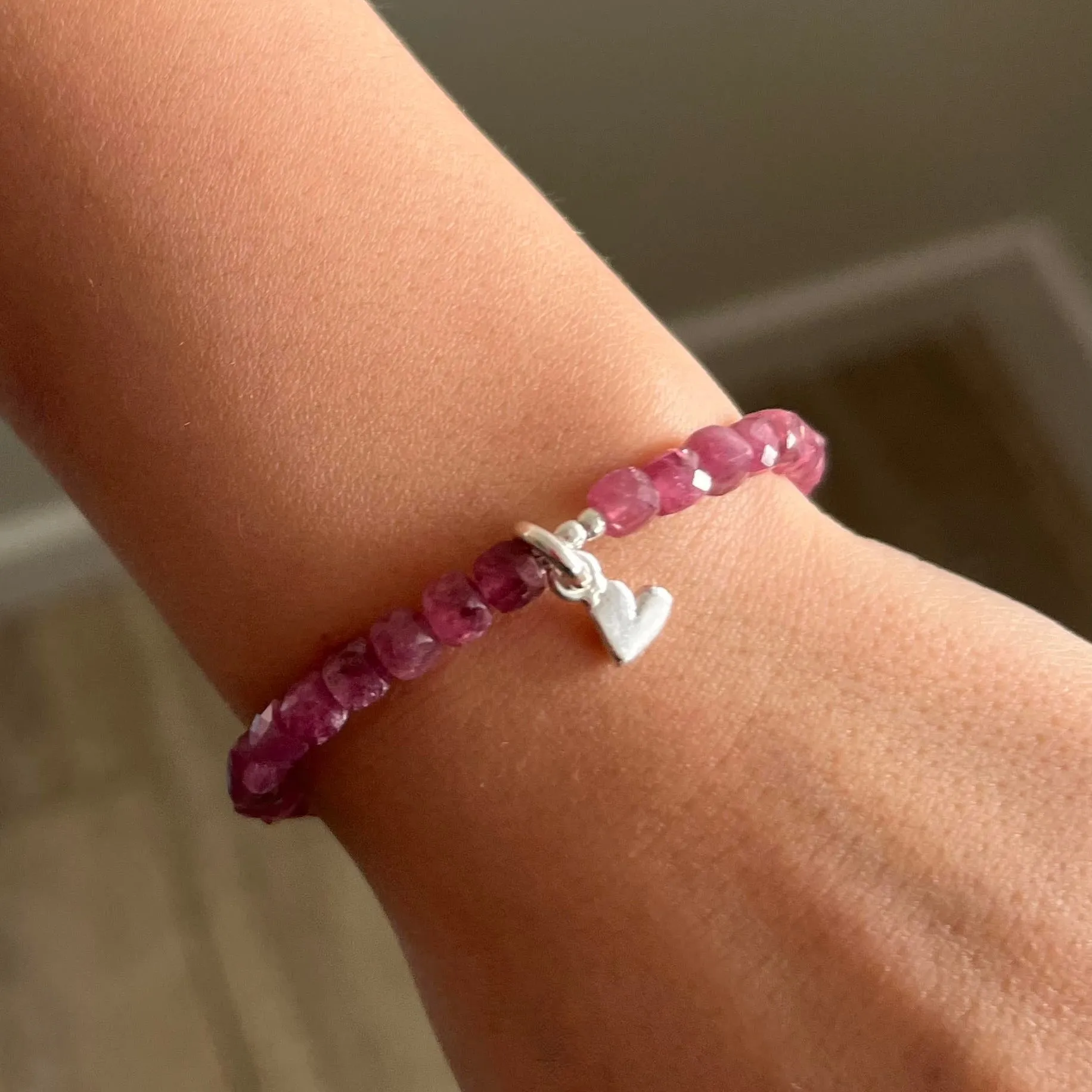 CHILD Bracelets: Pink Tourmaline & Fine Silver Heart Stretch Bracelet