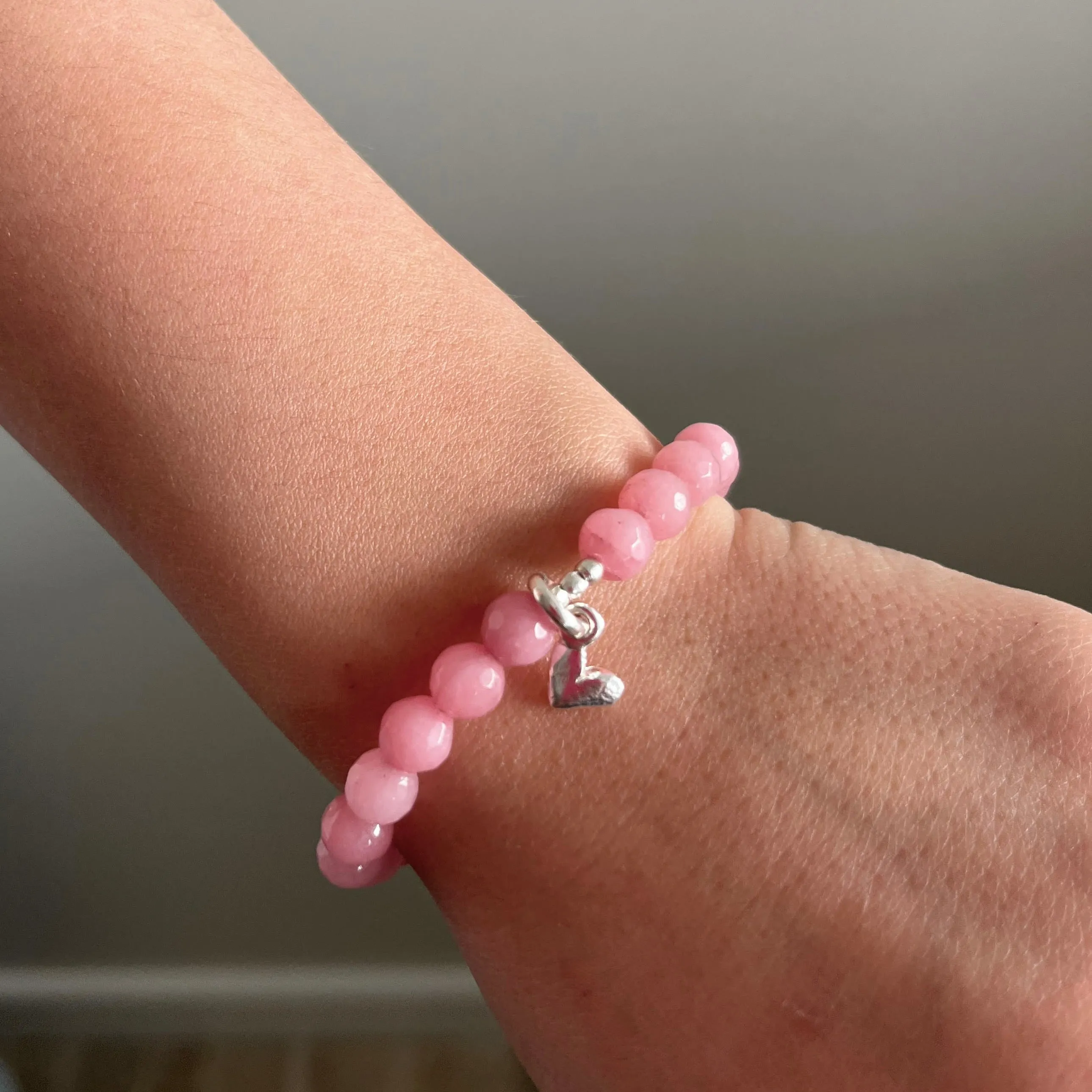 CHILD Bracelets: Rose Jade Stone & Fine silver Heart Stretch Bracelet