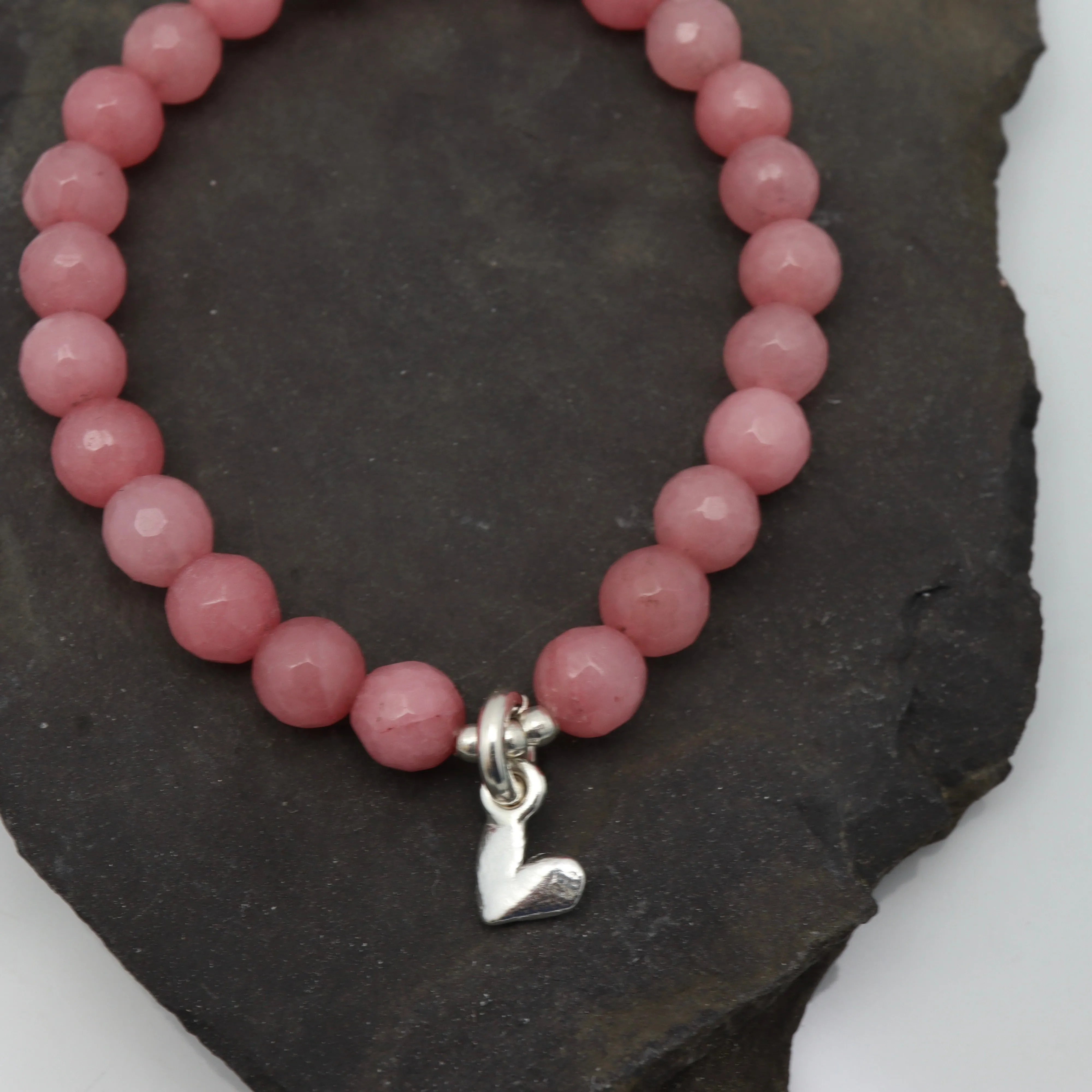 CHILD Bracelets: Rose Jade Stone & Fine silver Heart Stretch Bracelet