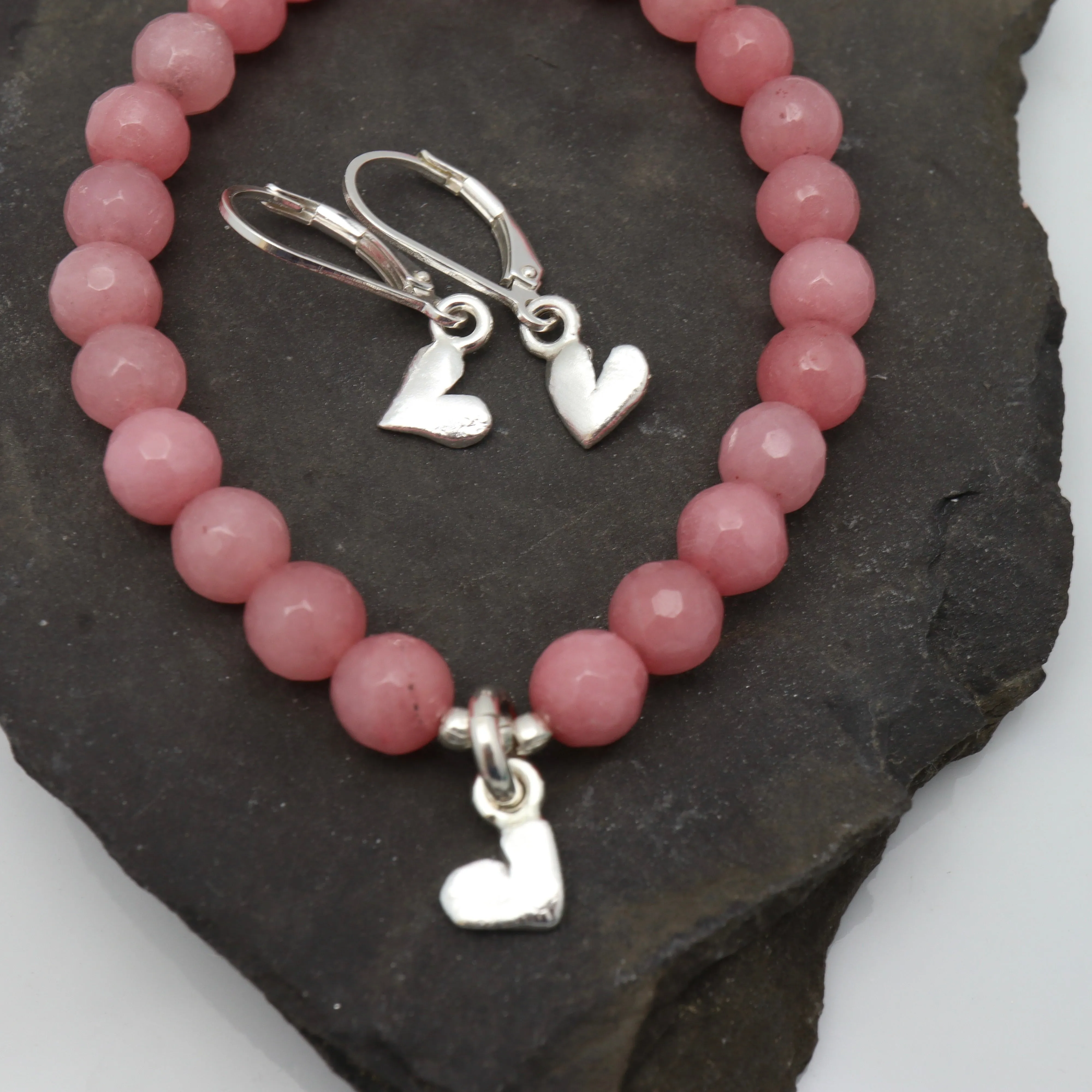 CHILD Bracelets: Rose Jade Stone & Fine silver Heart Stretch Bracelet