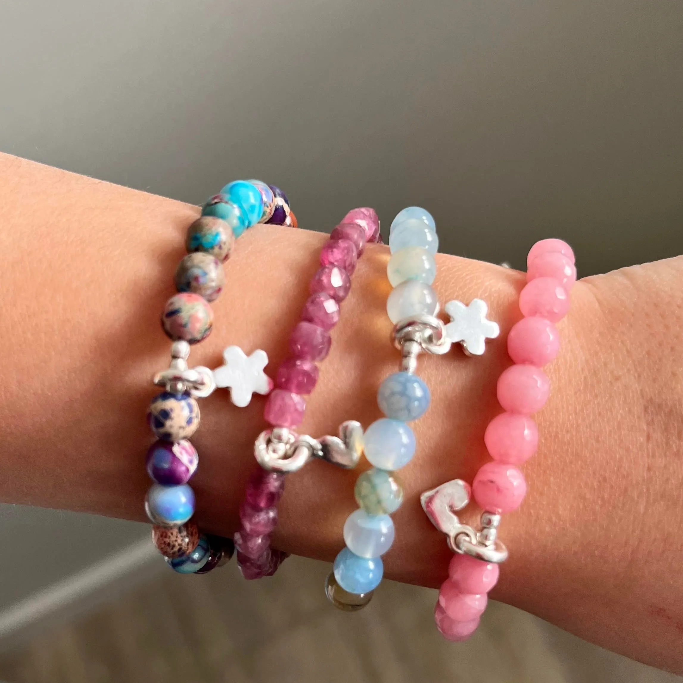 CHILD Bracelets: Rose Jade Stone & Fine silver Heart Stretch Bracelet